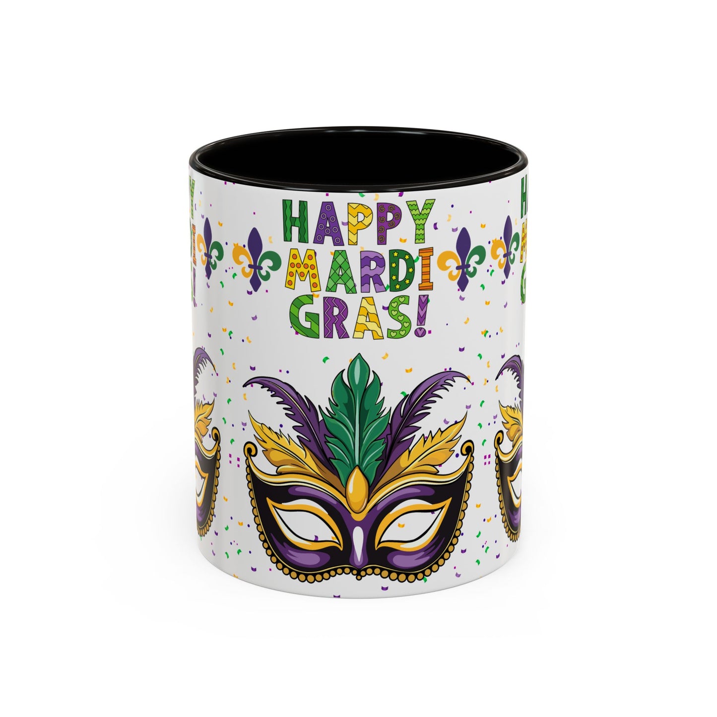 "Happy Mardi Gras" Mugs — Colorful 11oz/15oz Carnival Mask-Fleur De Lis Design White Ceramic Mugs