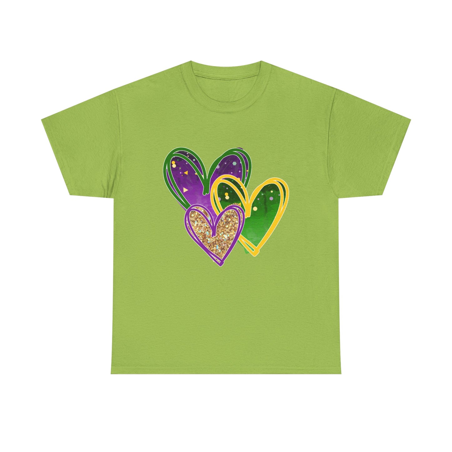 "Mardi Gras Hearts"  Unisex Adult Cotton Tee — Purple, Gold & Green Carnival Shirt.  It's Time To Party!