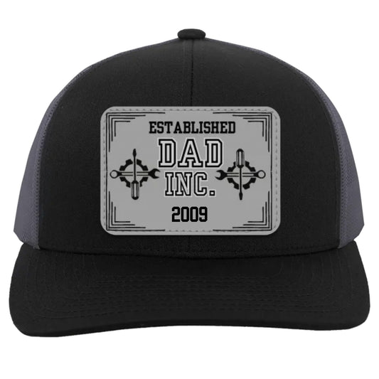 "Dad Inc." Personalized Trucker Snap Back Hat with Gray Vegan Leather Patch