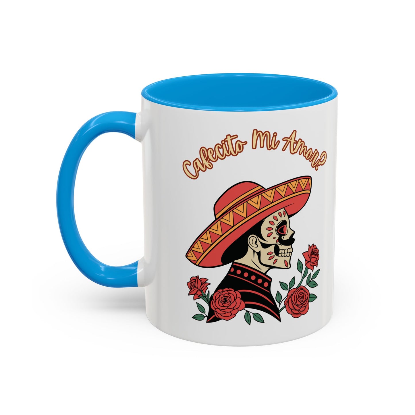 "Cafecito Mi Amor?" -El Hombre, Sugar Skull Style, White Ceramic Mugs with Colorful Accents (11oz/15oz)