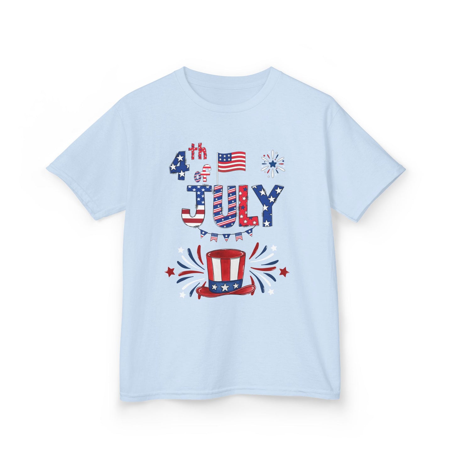 Kids "4th of July" Patriotic Boxy Tee — Celebrate This Special Day With Fireworks & A Vibrant Uncle Sam Hat!