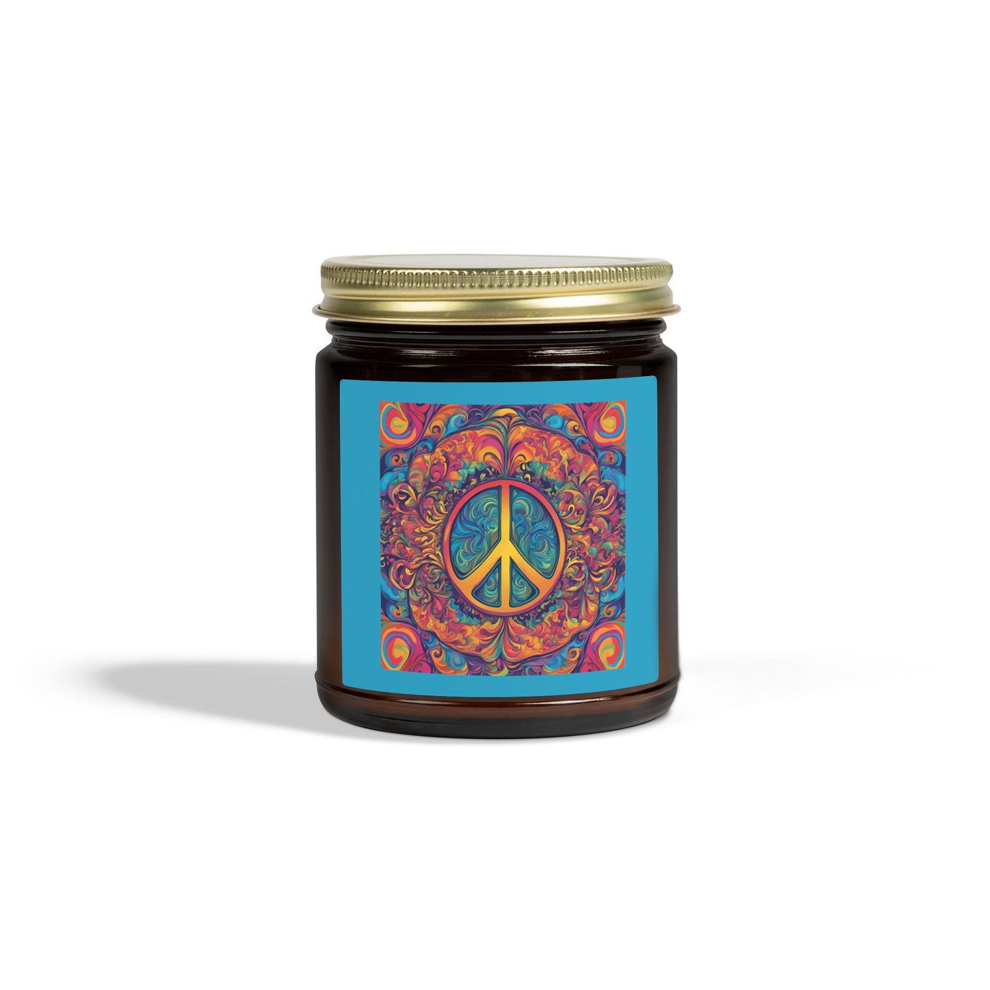 "Psychedelic Peace Sign" Amber Glass Scented Candle  with Coconut Apricot Wax (4oz & 9oz) —A Groovy Scented Candle Label, 4 Warm Scents