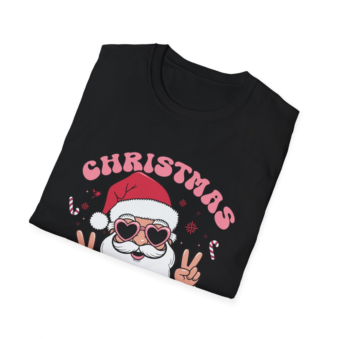 "Christmas Vibes"  Smiling Santa Holiday Unisex T-Shirt.  Cool(Tan)Santa Wearing His Shades And Sharing A "Peace Sign".