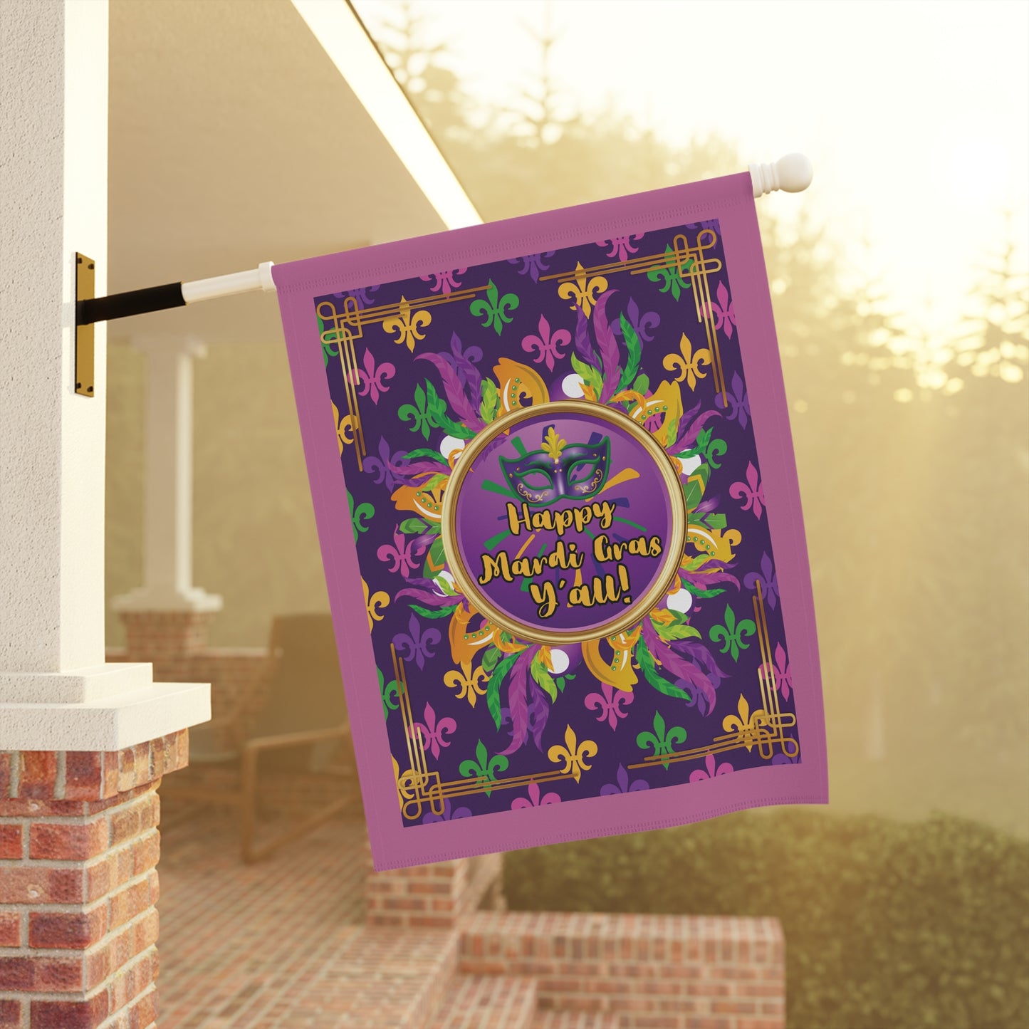 Mardi Gras Garden Flag — “Happy Mardi Gras Y’all” Decorative House Banner-Pink