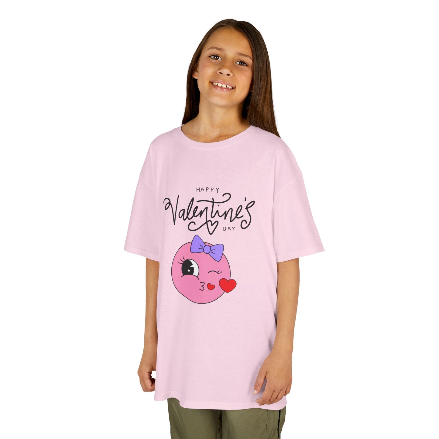 A Cute Winking Valentine Emoji with "Happy Valentine’s Day", Youth's Stylish Boxy Unisex Tee.  A Great Choice For A Wearable Valentine's Statement.