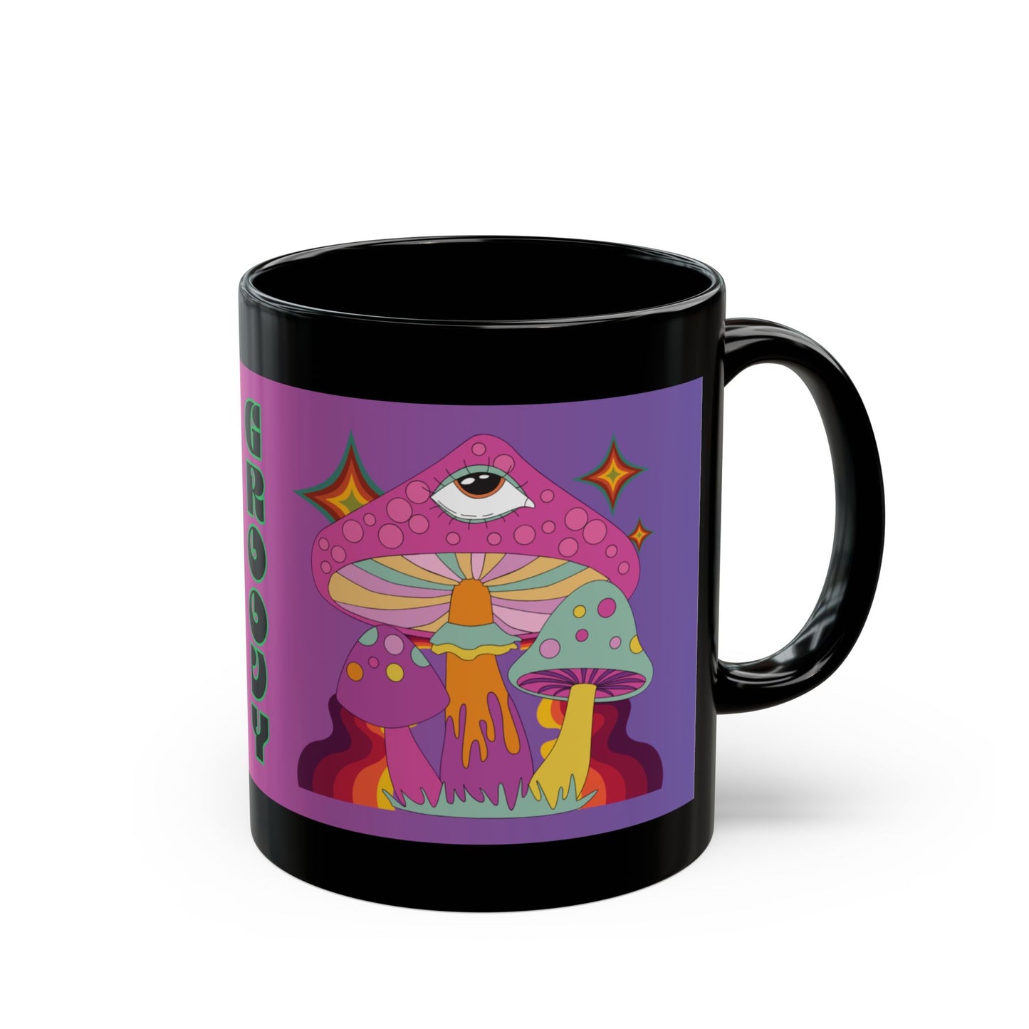 "Groovy Ombre Mushroom" Mug,  Black Ceramic Coffee Mugs In 15oz & 11oz