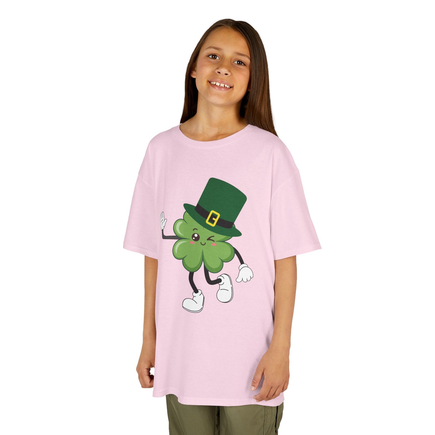 "Dancing Shamrock with Leprechaun Hat".  Kids Heavy Cotton T-Shirt. Patrick’s Day Tee
