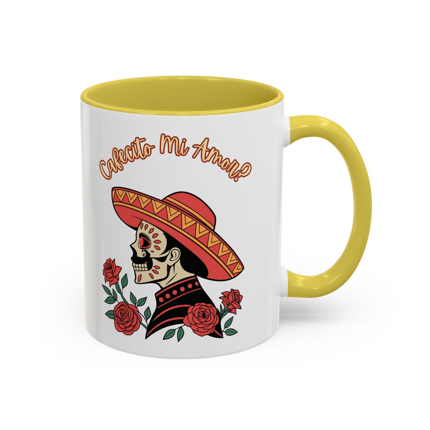 "Cafecito Mi Amor?" -El Hombre, Sugar Skull Style, White Ceramic Mugs with Colorful Accents (11oz/15oz)