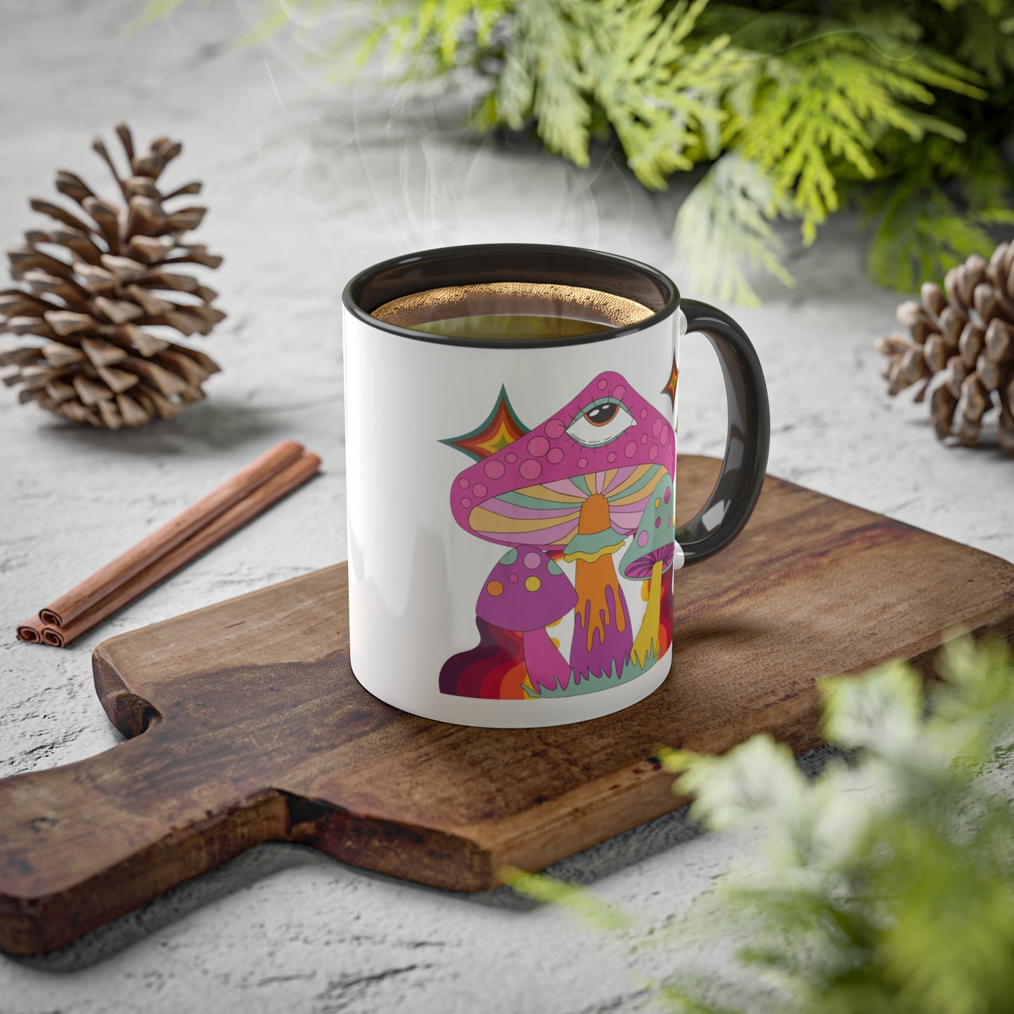 "Groovy Mushrooms" 11 oz White Mug with Colorful Accents