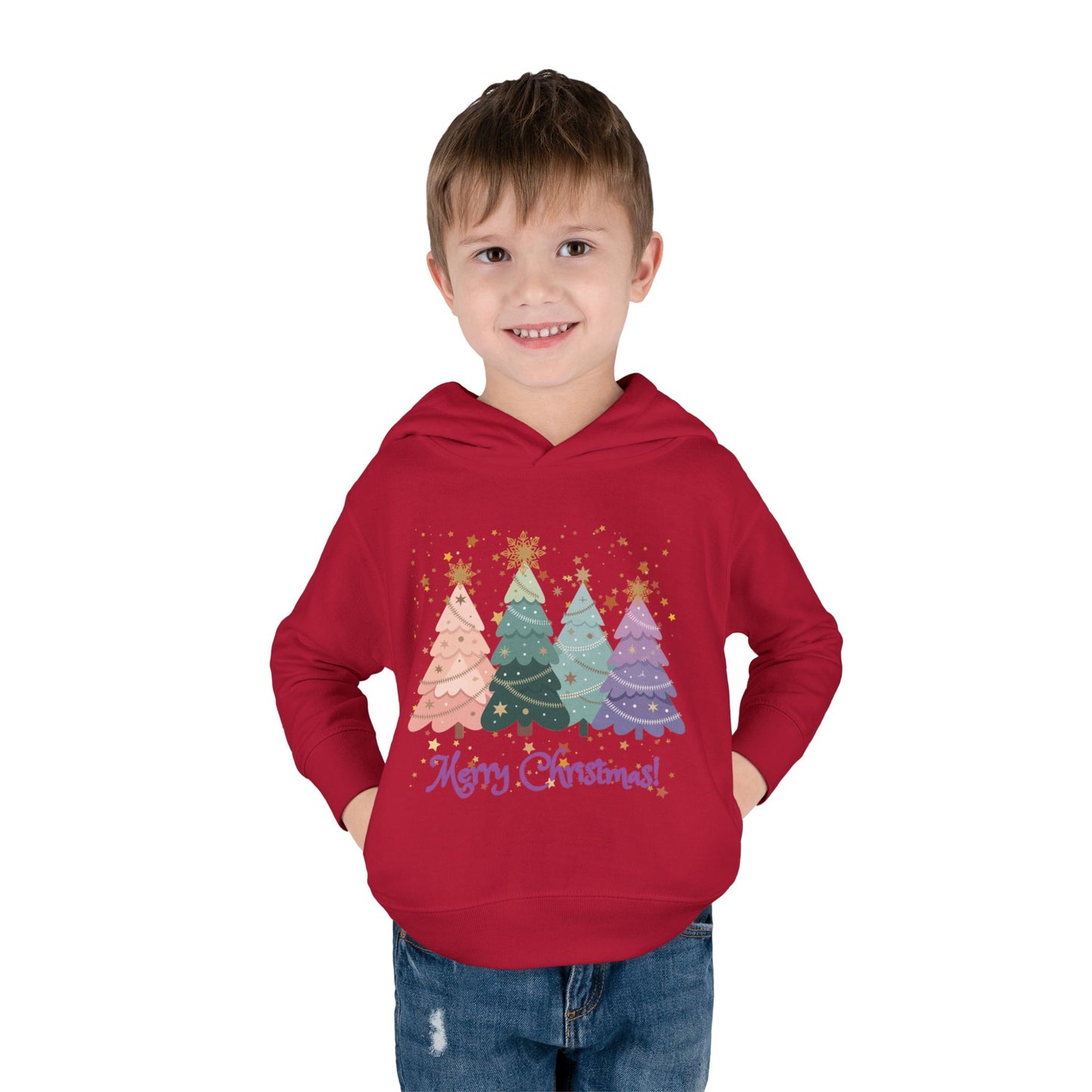 "Merry Xmas" Toddler Hoodie — Pastel Paper-Cut Christmas Trees with Gold Stars