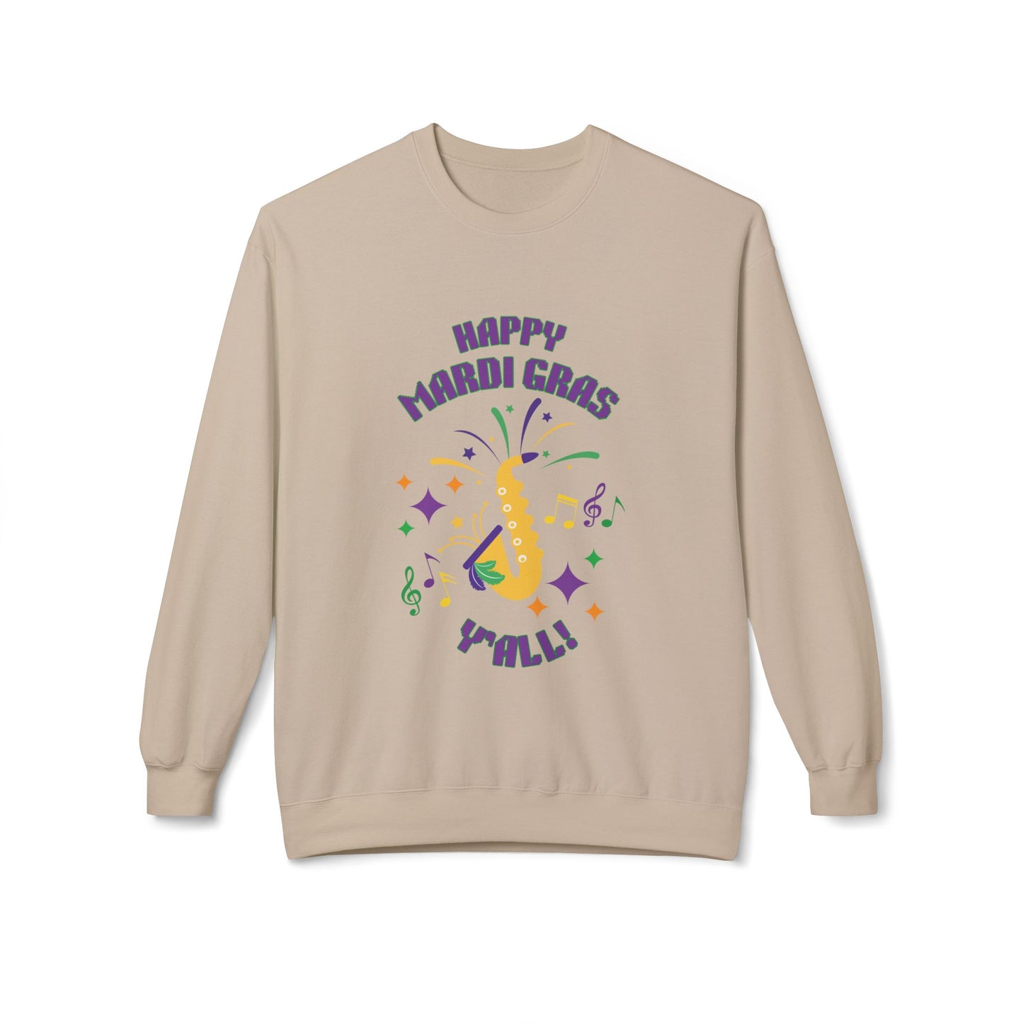 "Happy Mardi Gras Y'all"  Midweight Crewneck Sweatshirt.  Let This Colorful Unisex Sweatshirt Help You Revel In Style!