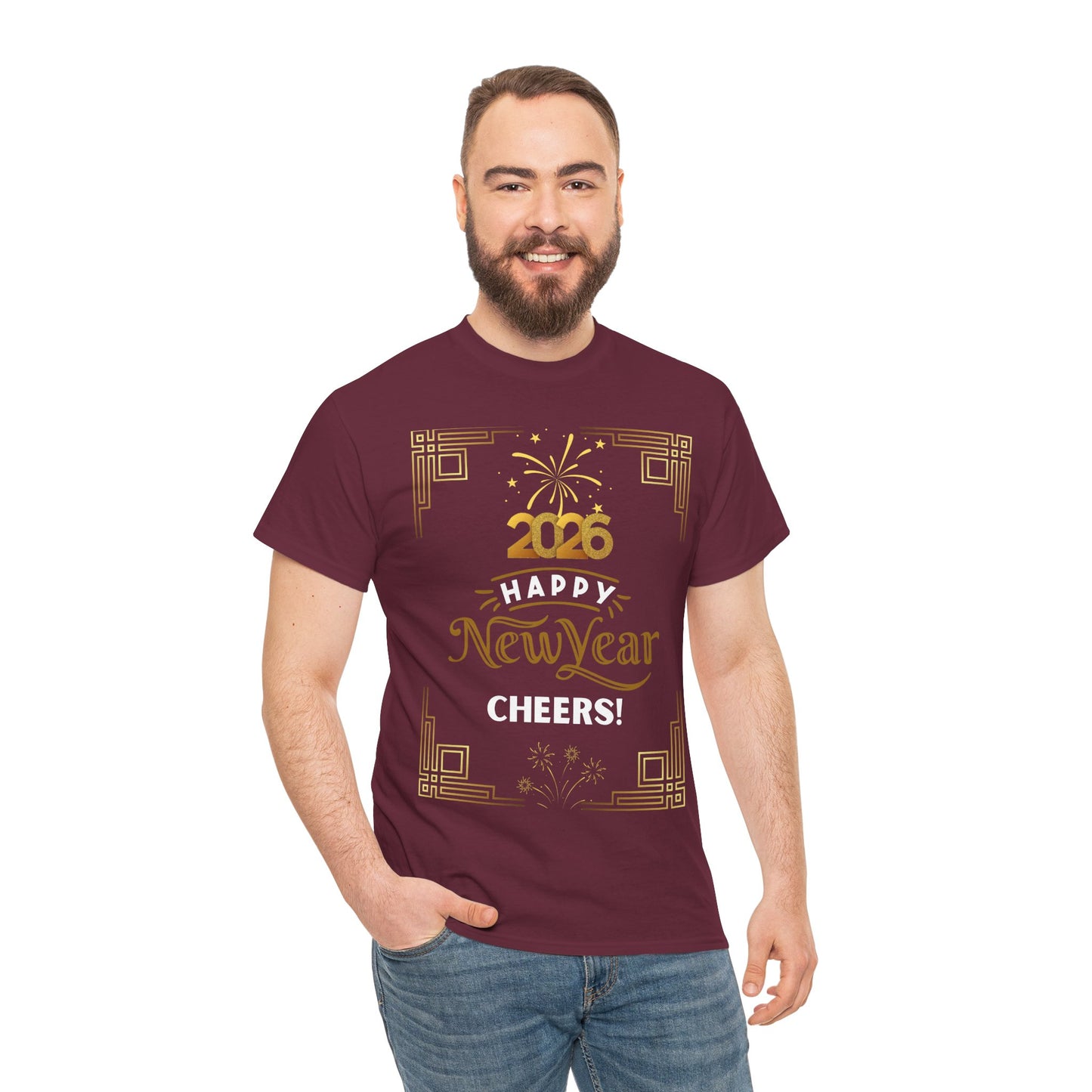 "Happy New Year -Cheers!" 2026  Unisex Midweight T-Shirt- 100 % Cotton — Festive "Art Deco Style" New Years Tee Great for Casual Celebrations or Parties While Ringing In the New Year!