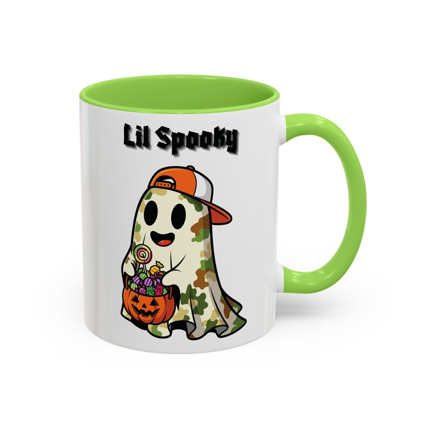 "Lil Spooky"  White Ceramic Halloween Mug With Colorful Accents — Cute Ghost Trick-or-Treat Ceramic Mug (11oz/15oz)