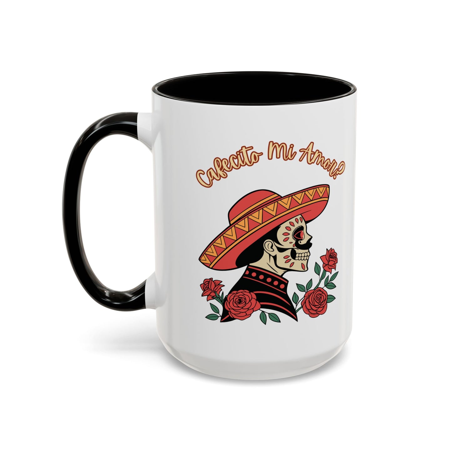 "Cafecito Mi Amor?" -El Hombre, Sugar Skull Style, White Ceramic Mugs with Colorful Accents (11oz/15oz)