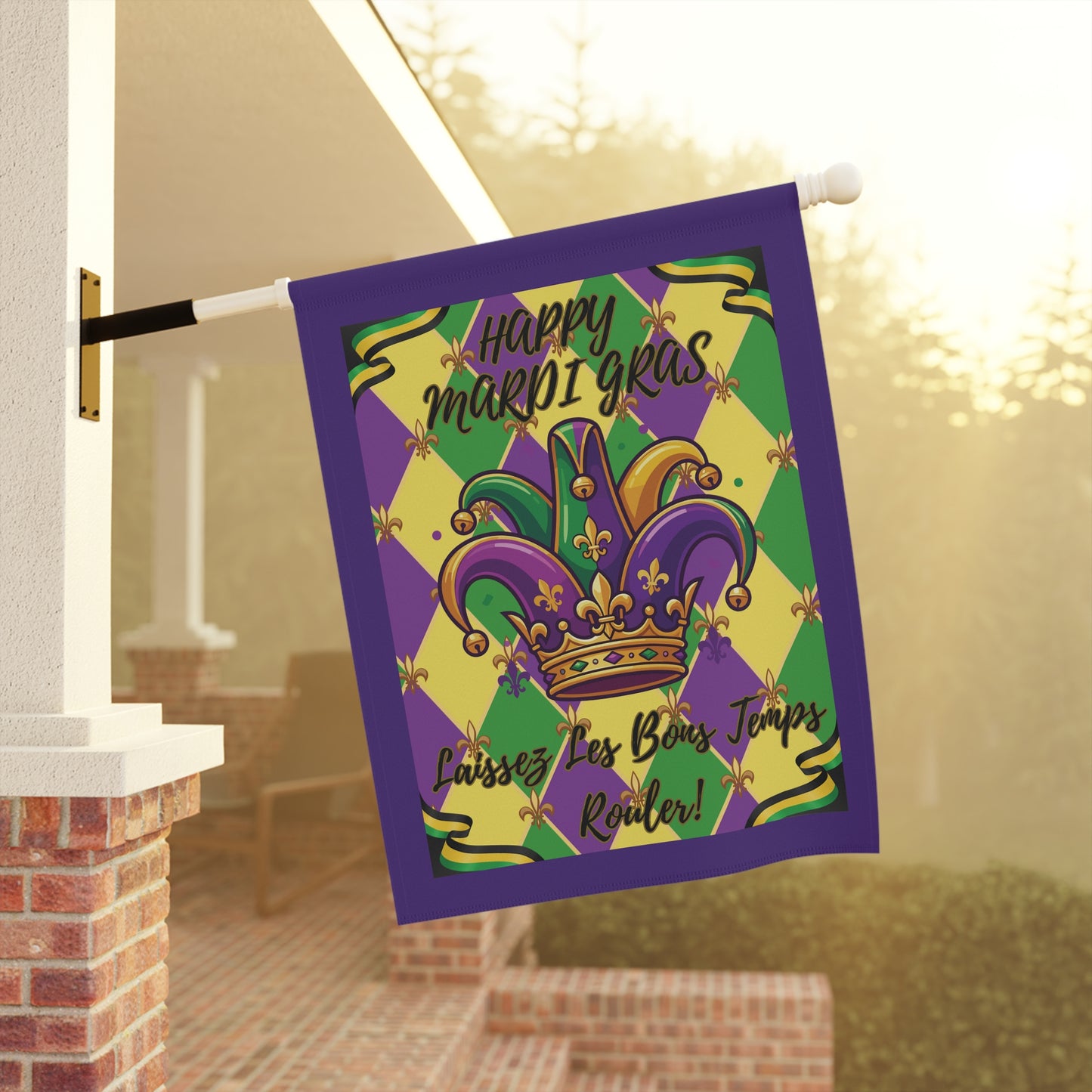 Mardi Gras Jester Crown Garden Flag — "Happy Mardi Gras-Laissez Les Bons Temps Rouler!" House Banner-Purple