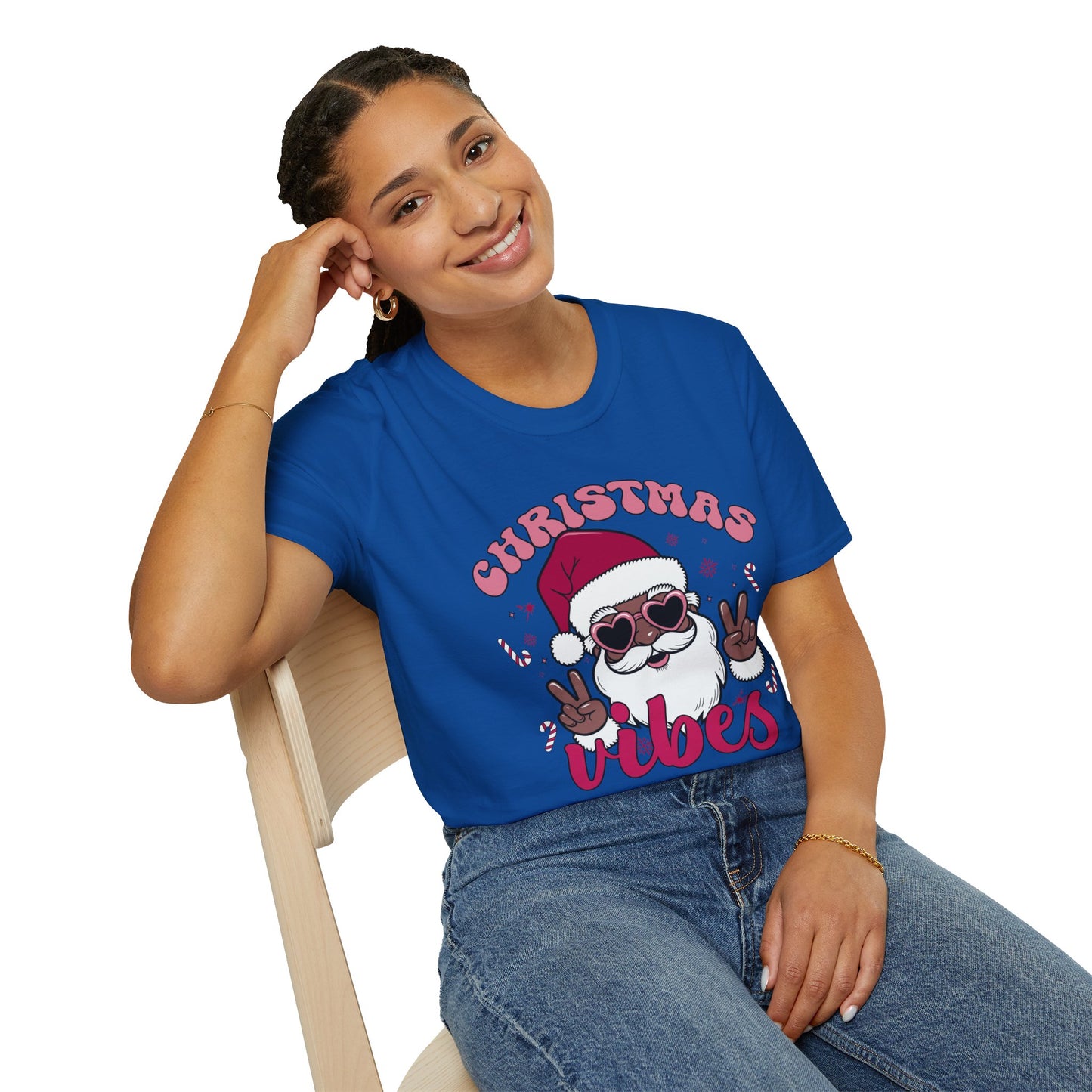 "Christmas Vibes" Unisex T-Shirt — Retro Santa Sporting Cool Sunglasses And A Peace Sign. What a Groovy Holiday Tee!