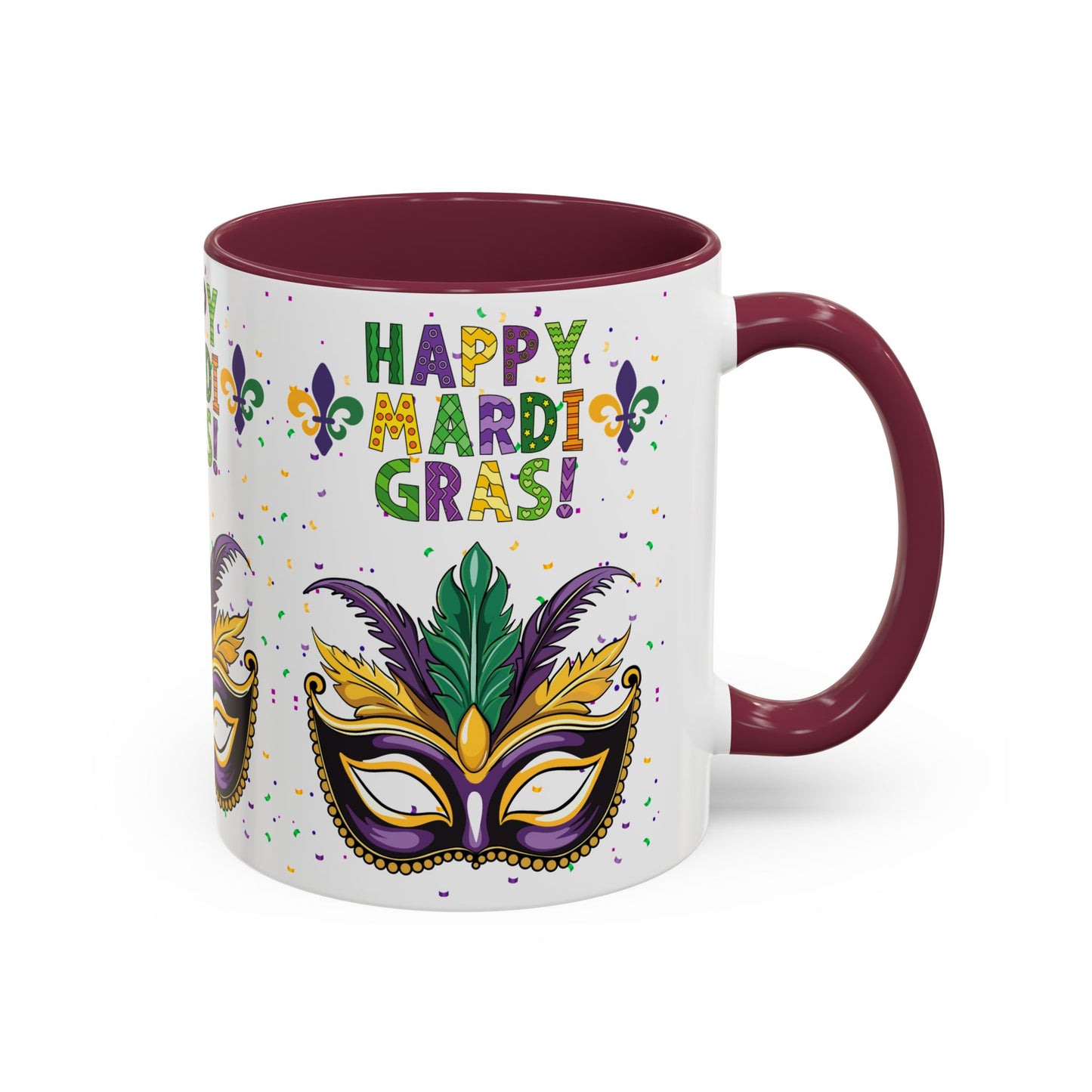 "Happy Mardi Gras Mask" White Ceramic 11oz Mugs With Colorful Accents.  Enjoy The Carnival Season Every time You Use This Mug.