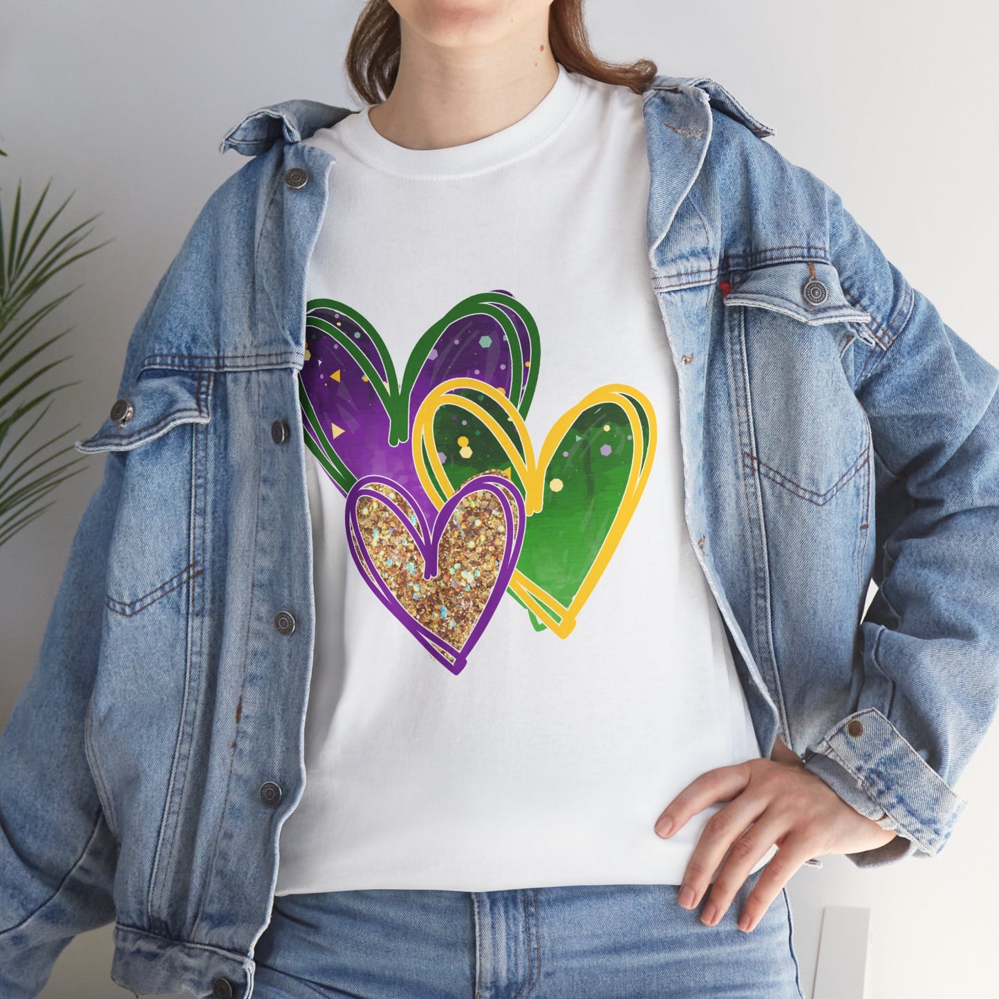 "Mardi Gras Hearts"  Unisex Adult Cotton Tee — Purple, Gold & Green Carnival Shirt.  It's Time To Party!
