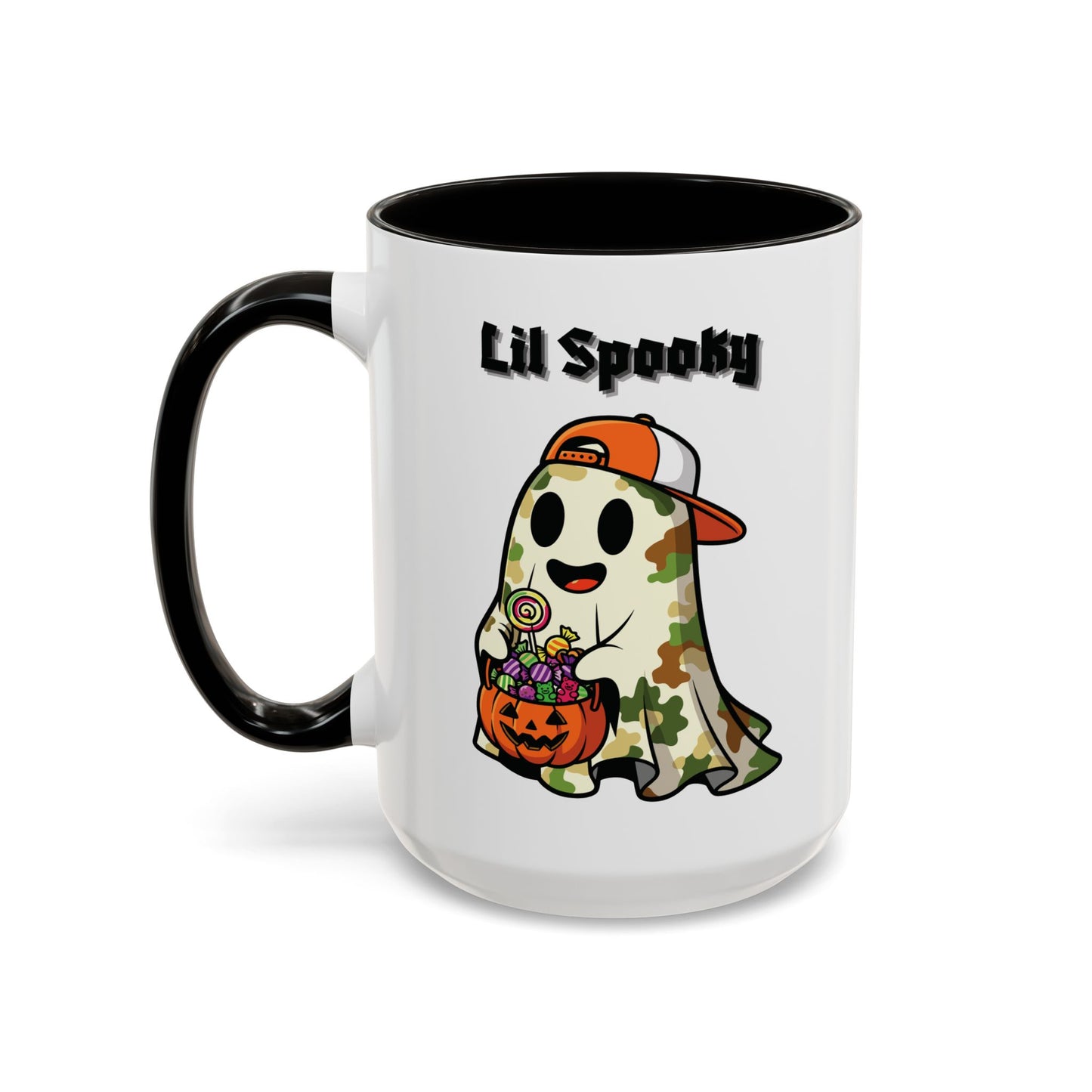 "Lil Spooky"  White Ceramic Halloween Mug With Colorful Accents — Cute Ghost Trick-or-Treat Ceramic Mug (11oz/15oz)