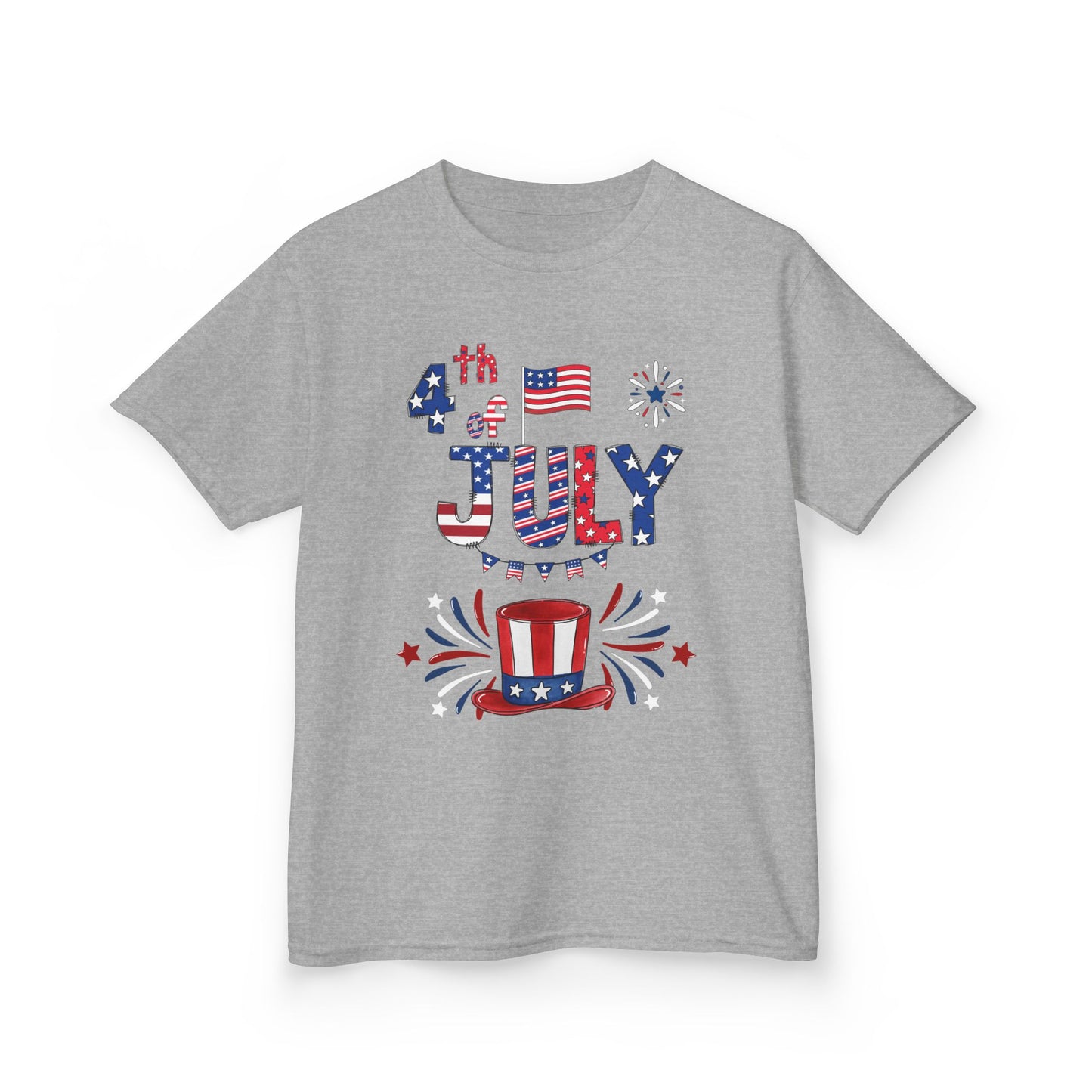Kids "4th of July" Patriotic Boxy Tee — Celebrate This Special Day With Fireworks & A Vibrant Uncle Sam Hat!