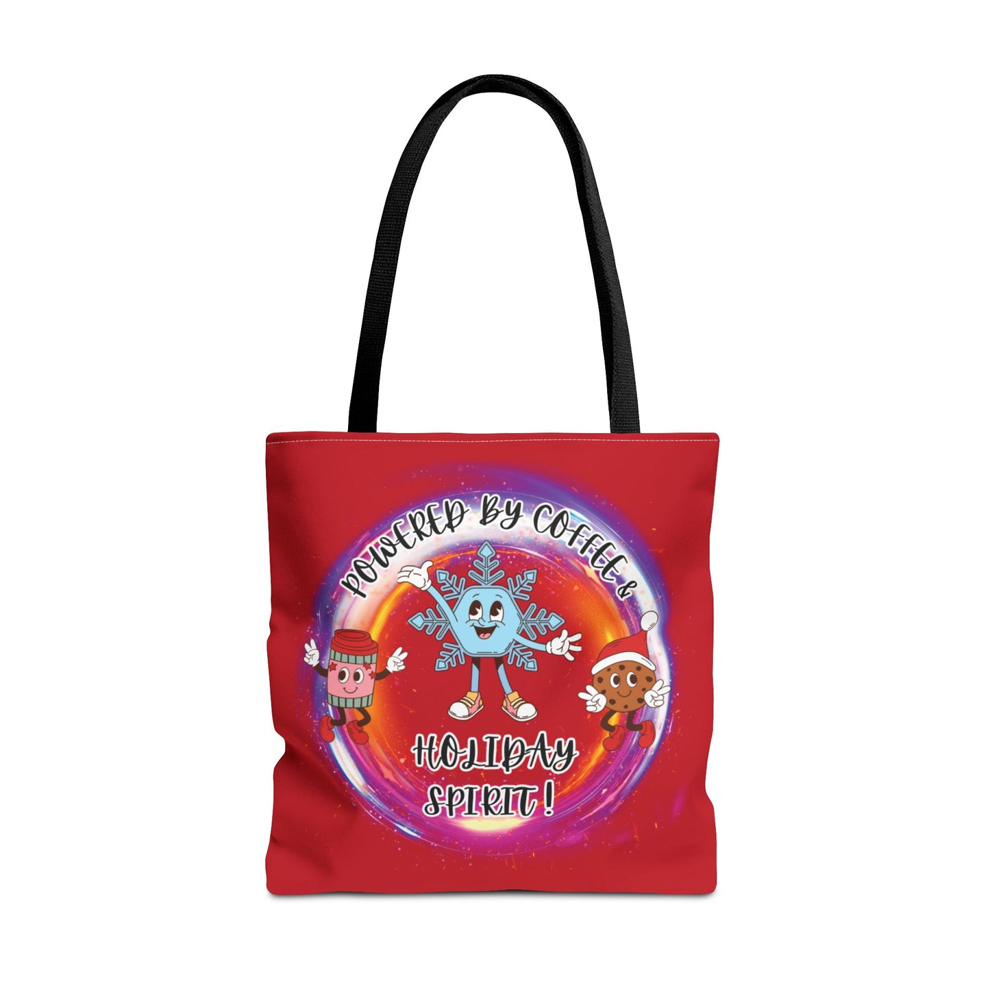 "Powered By Coffee And Holiday Spirit "  Red Tote Bag  with Colored Straps
