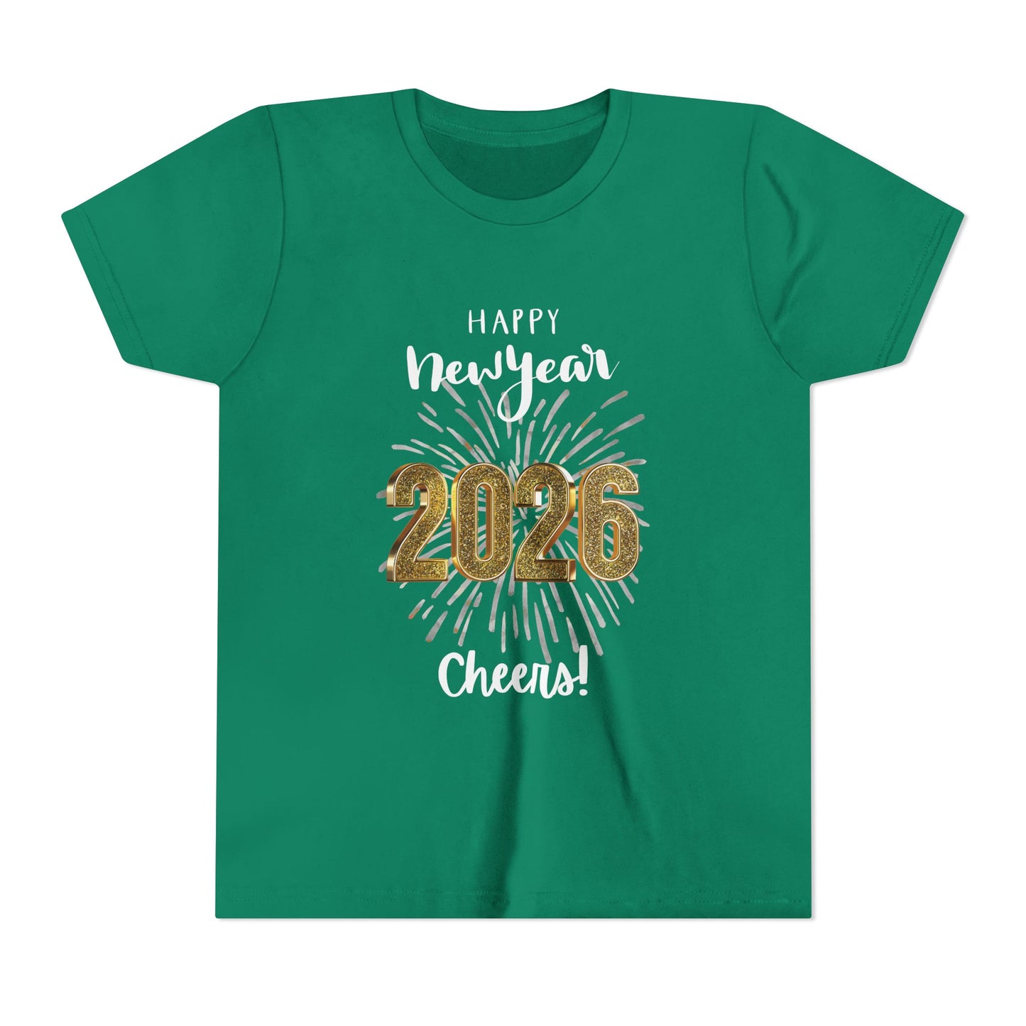 "Happy New Year 2026- Cheers!", Unisex Youth Tee.  Sparkling  Fireworks Make This Tee The One to Wear On That Special Day!