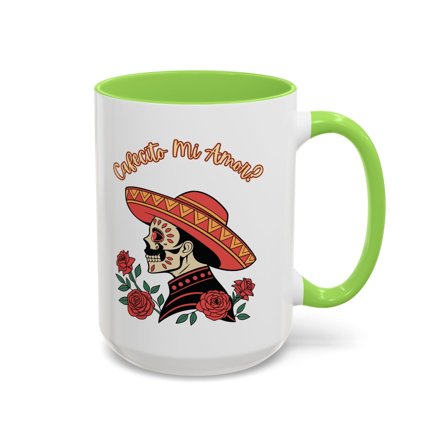 "Cafecito Mi Amor?" -El Hombre, Sugar Skull Style, White Ceramic Mugs with Colorful Accents (11oz/15oz)
