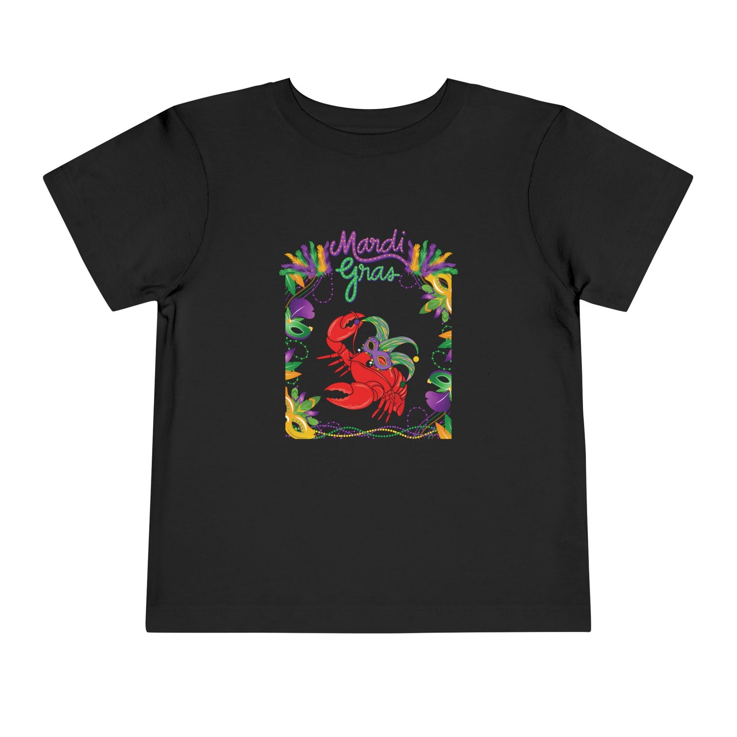 "Mardi Gras Crawfish" Toddler Short Sleeve Tee — Festive Masked Crawfish in Purple, Green & Gold!