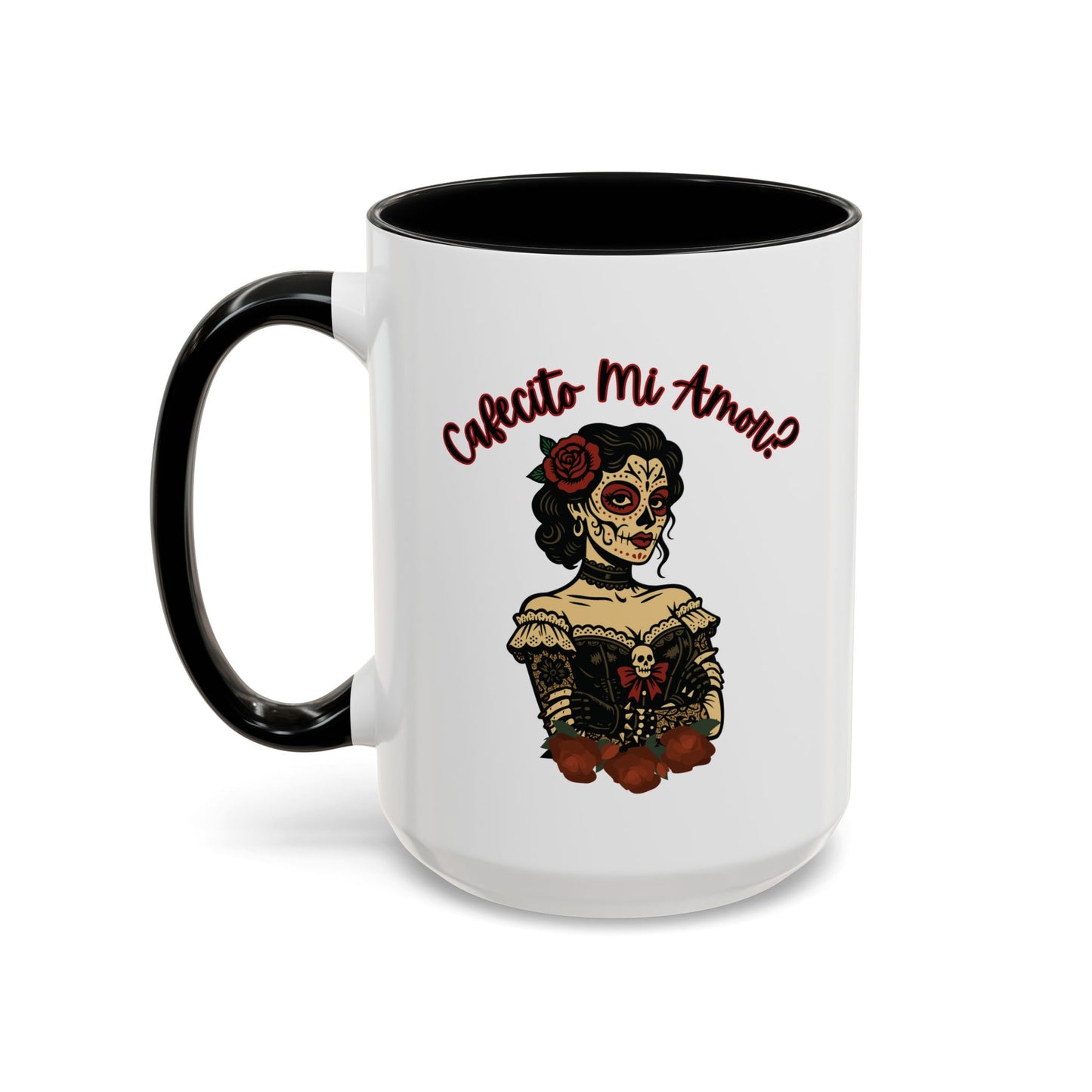 "Cafecito Mi Amor?" Sugar Skull Style , Colorful Accent, 11oz and 15oz Coffee Mug.  A great Day of the Dead  or Halloween Gift!