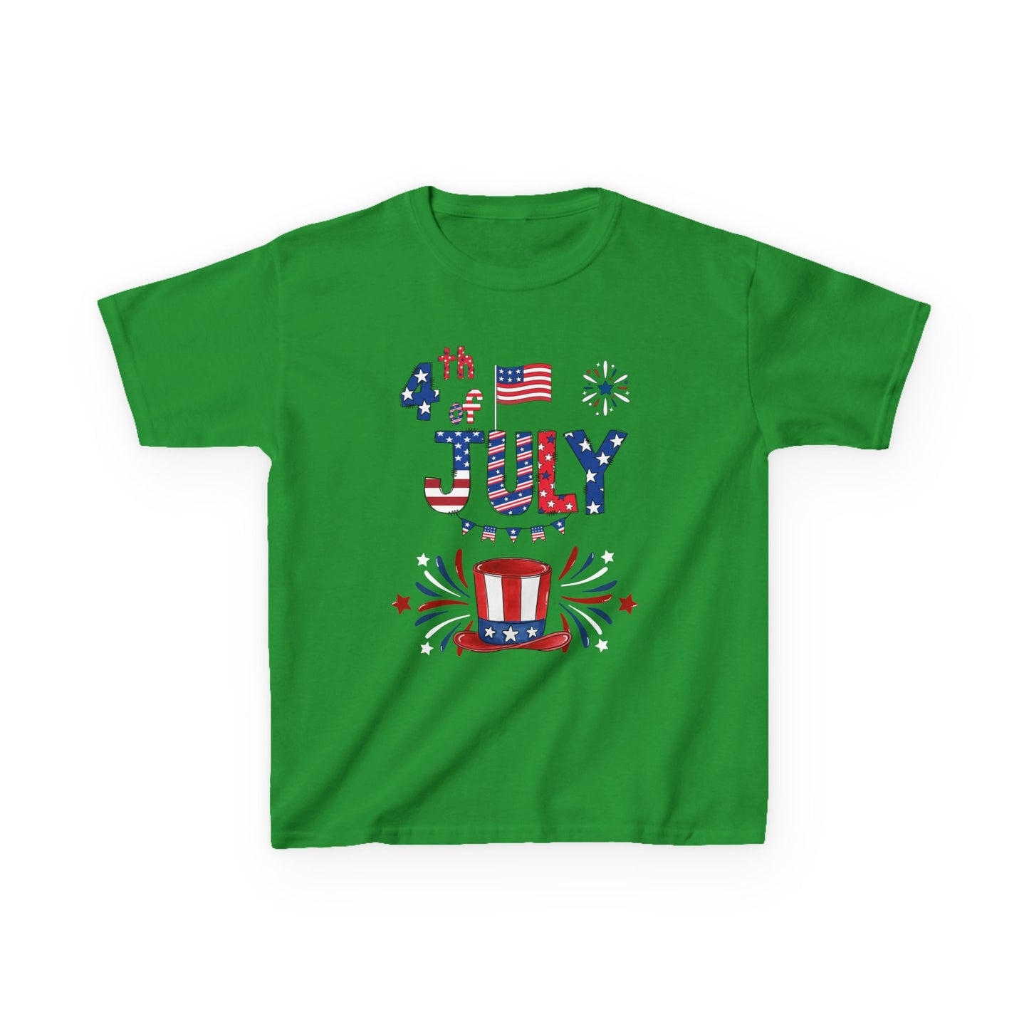 Kids "4th of July" Patriotic Boxy Tee — Celebrate This Special Day With Fireworks & A Vibrant Uncle Sam Hat!