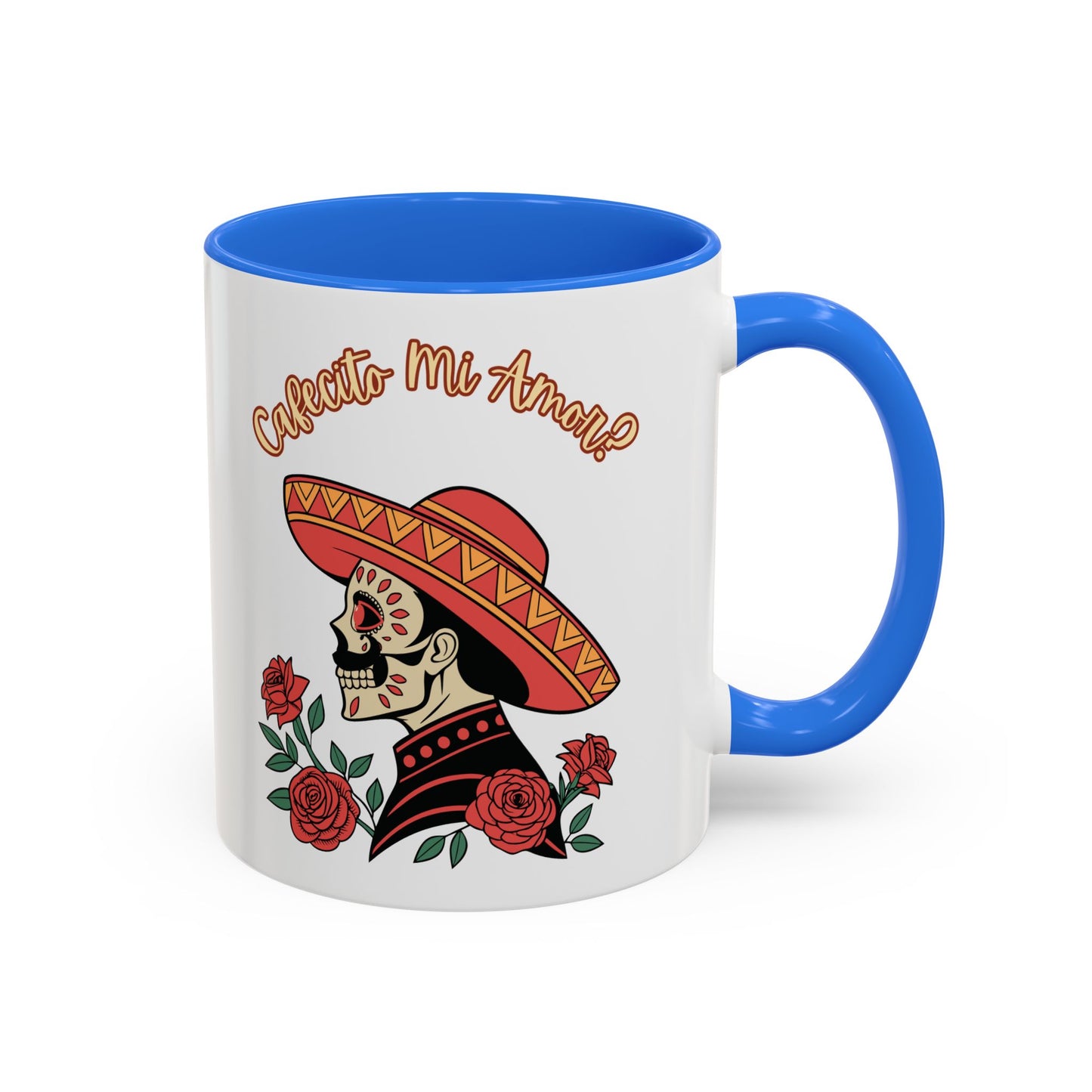 "Cafecito Mi Amor?" -El Hombre, Sugar Skull Style, White Ceramic Mugs with Colorful Accents (11oz/15oz)