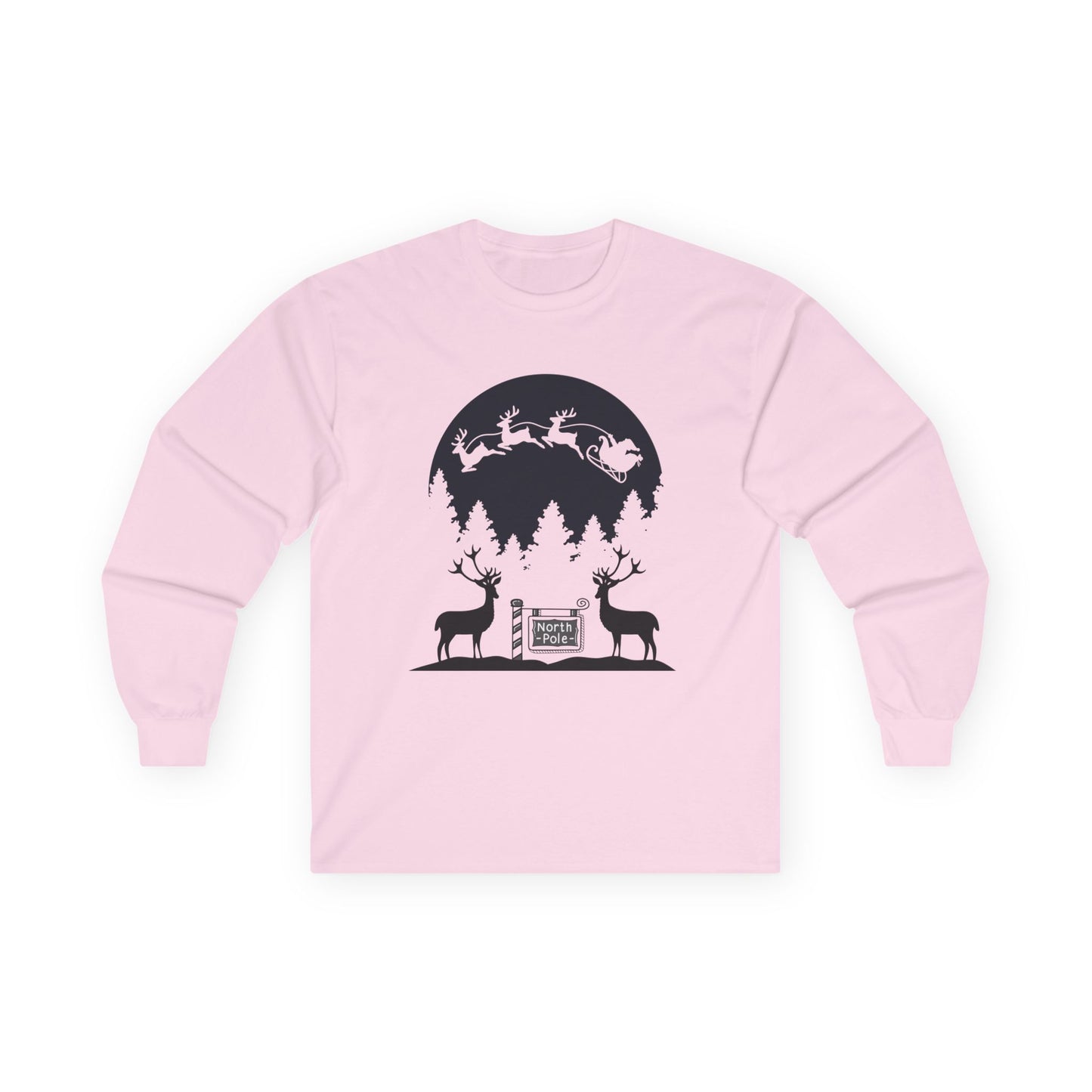 "Santa And His Reindeer" Unisex Long Sleeve Tee —A Charming, Rustic Christmas Scene with Santa, Reindeer & Forest Silhouette