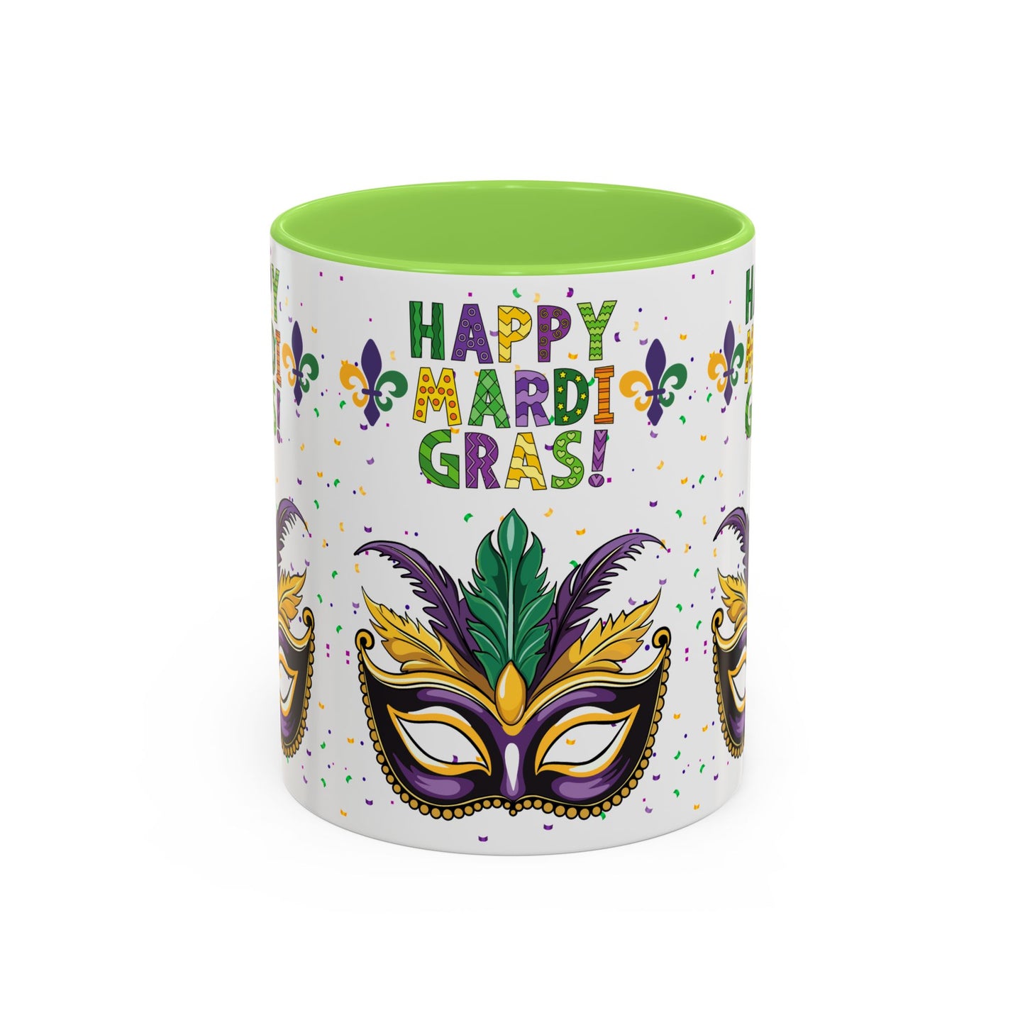 "Happy Mardi Gras Mask" White Ceramic 11oz Mugs With Colorful Accents.  Enjoy The Carnival Season Every time You Use This Mug.