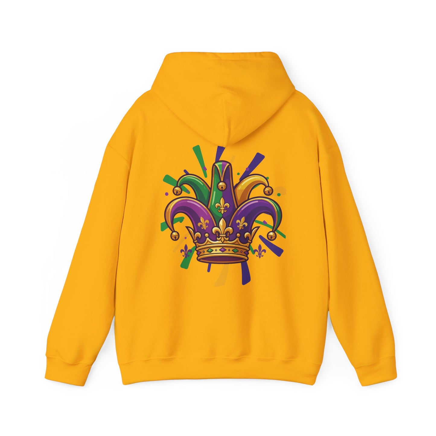 "Mardi Gras Jester Crown" Unisex Pullover Hoodie.  Festive Colorful Front Chest & Bold Back Designs Make This THE Hoodie Of Carnival Season!