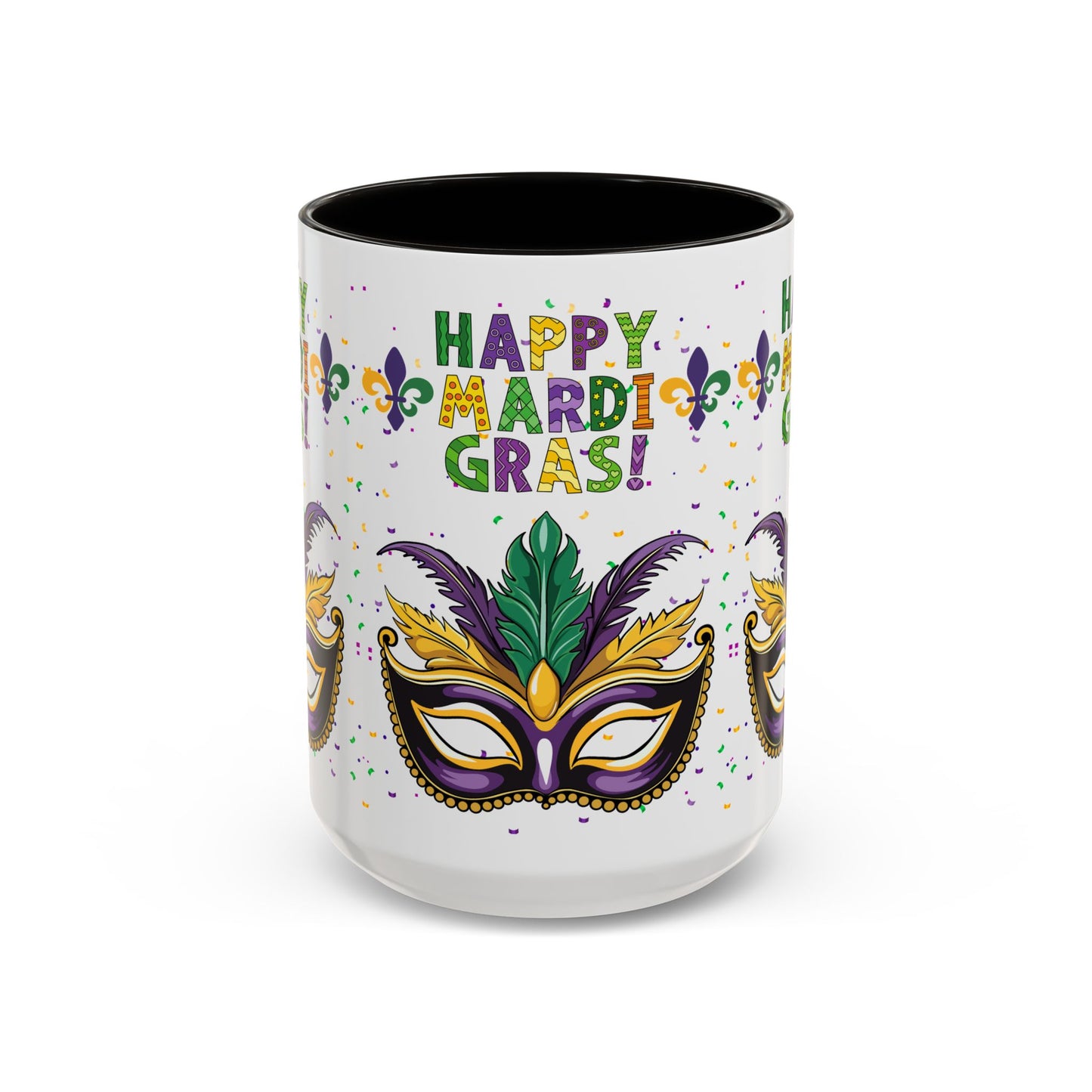 "Happy Mardi Gras" Mugs — Colorful 11oz/15oz Carnival Mask-Fleur De Lis Design White Ceramic Mugs