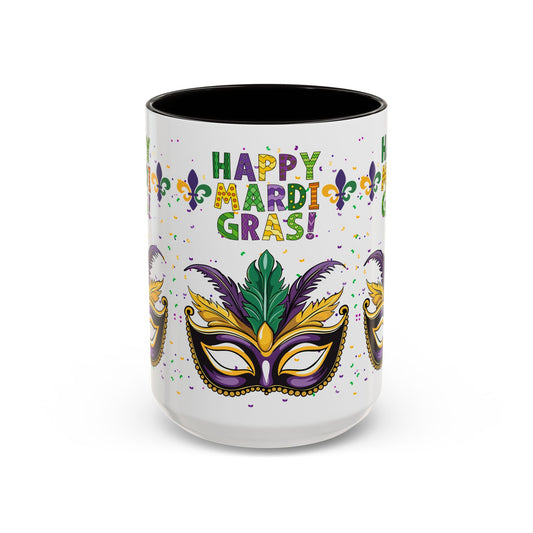 "Happy Mardi Gras" Mugs — Colorful 11oz/15oz Carnival Mask-Fleur De Lis Design White Ceramic Mugs