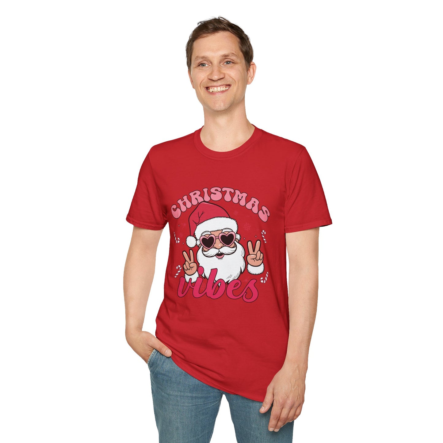 "Christmas Vibes"  Smiling Santa Holiday Unisex T-Shirt.  Cool(Tan)Santa Wearing His Shades And Sharing A "Peace Sign".