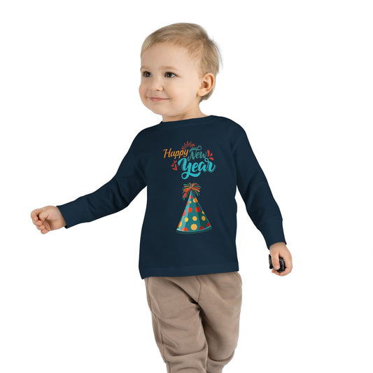 "Happy New Year- Party Hat", Toddler Long Sleeve Tee Shirt.  They Will Not Want To Take This Shirt Off!