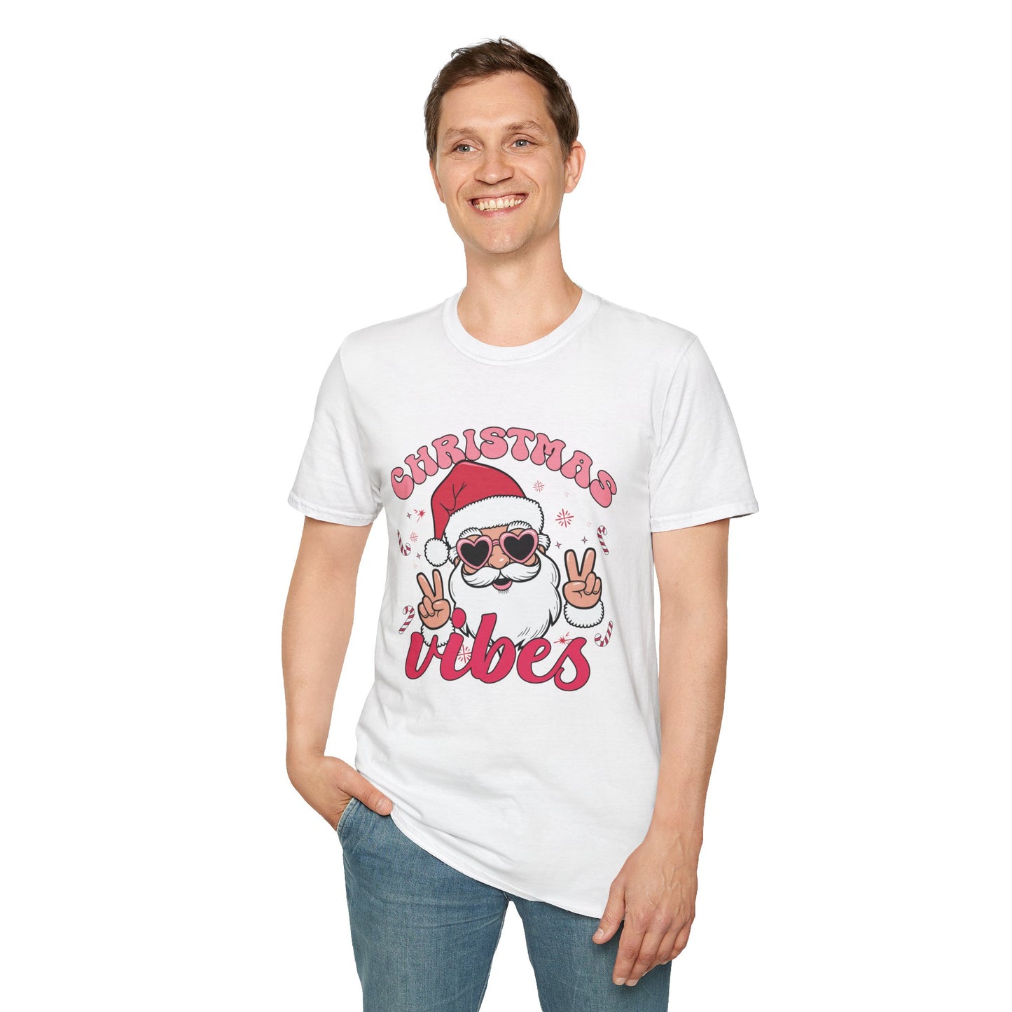 "Christmas Vibes"  Smiling Santa Holiday Unisex T-Shirt.  Cool(Tan)Santa Wearing His Shades And Sharing A "Peace Sign".