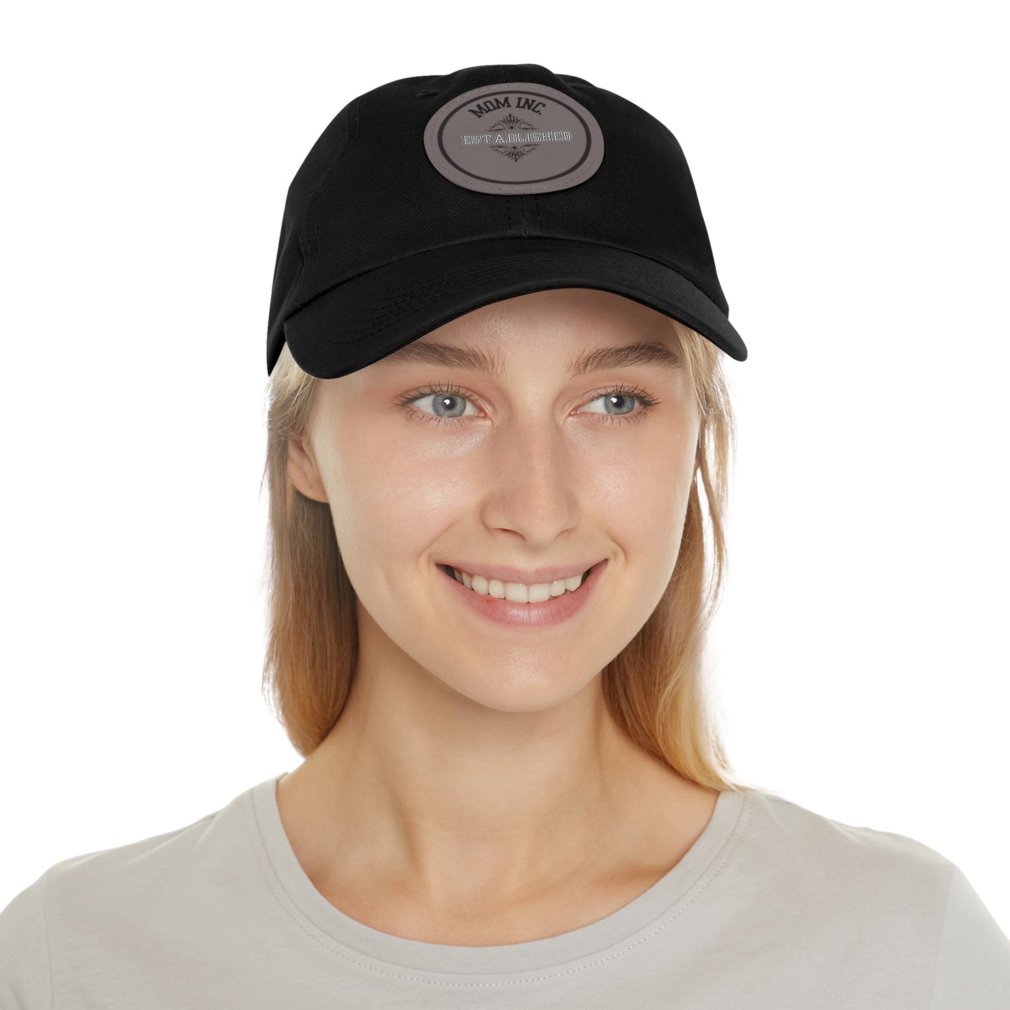 "MOM INC."  Black Twill Dad Hat with Personalized PU Leather Patch