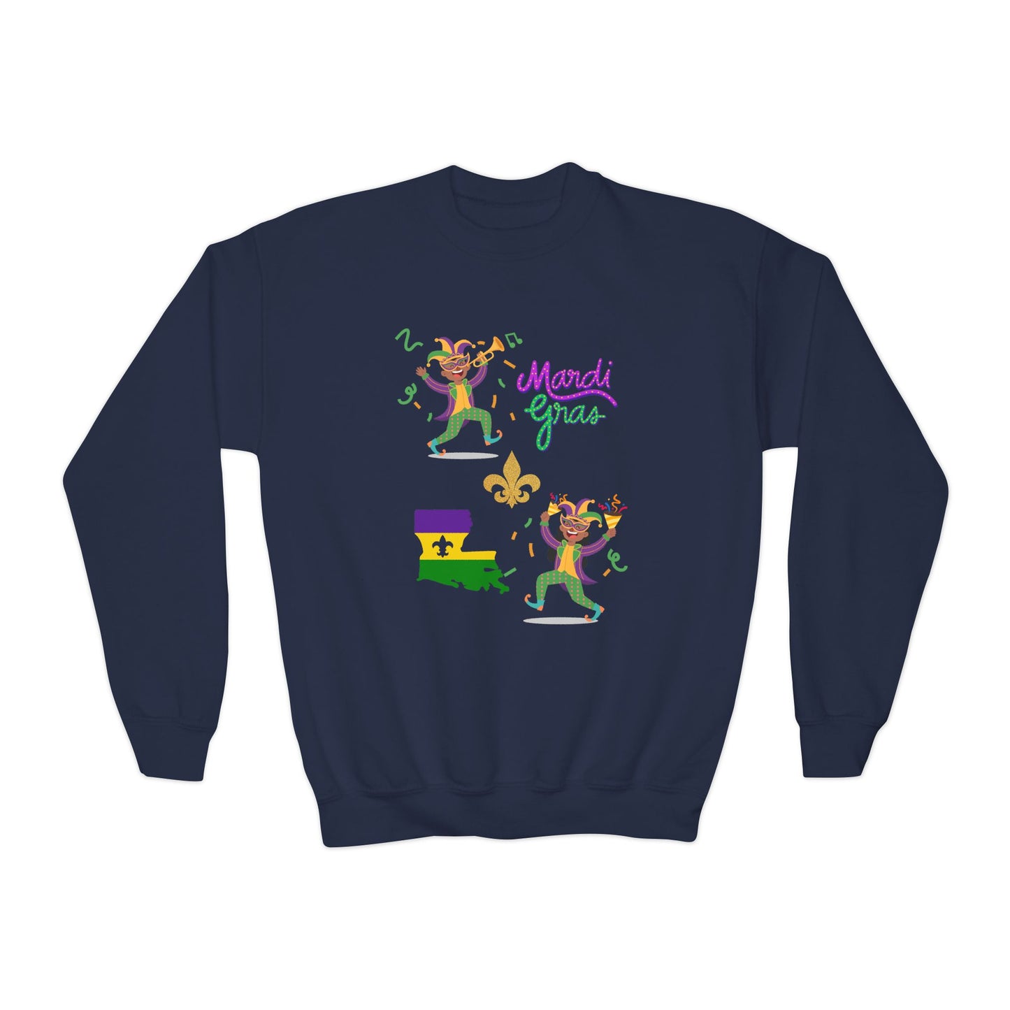 "Mardi Gras Kids" Youth Crewneck Sweatshirt — Colorful Beads, Jester Costumes & The State Of Louisiana all in Classic Mardi Gras Colors - Ready For The Parades!