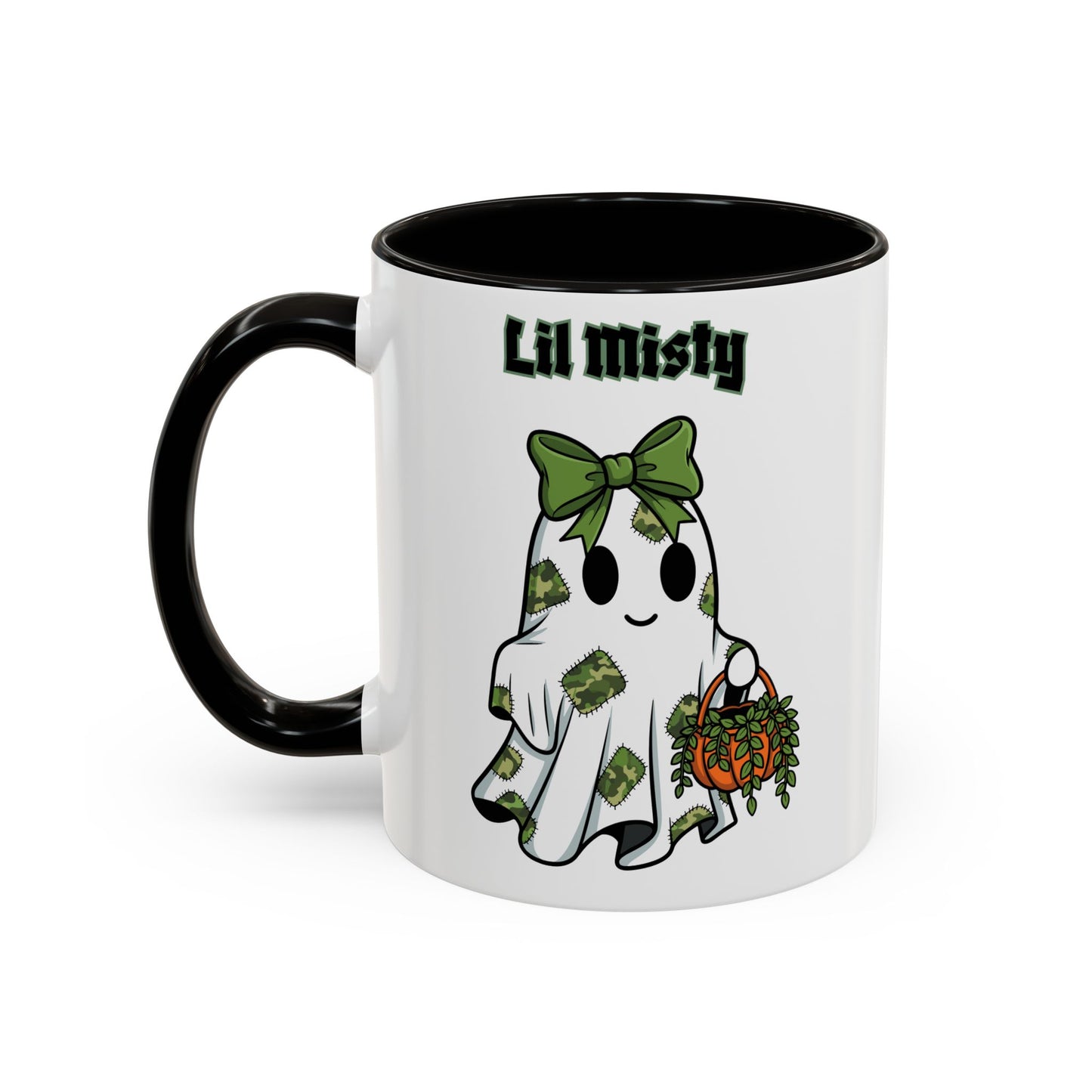 "Lil Misty Ghost" White Ceramic Mug  (11oz and 15oz) With Colorful Accents.  A Cute Halloween Mug for All Ages!
