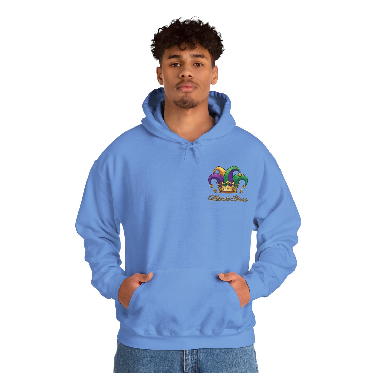 "Mardi Gras Jester Crown" Unisex Pullover Hoodie.  Festive Colorful Front Chest & Bold Back Designs Make This THE Hoodie Of Carnival Season!