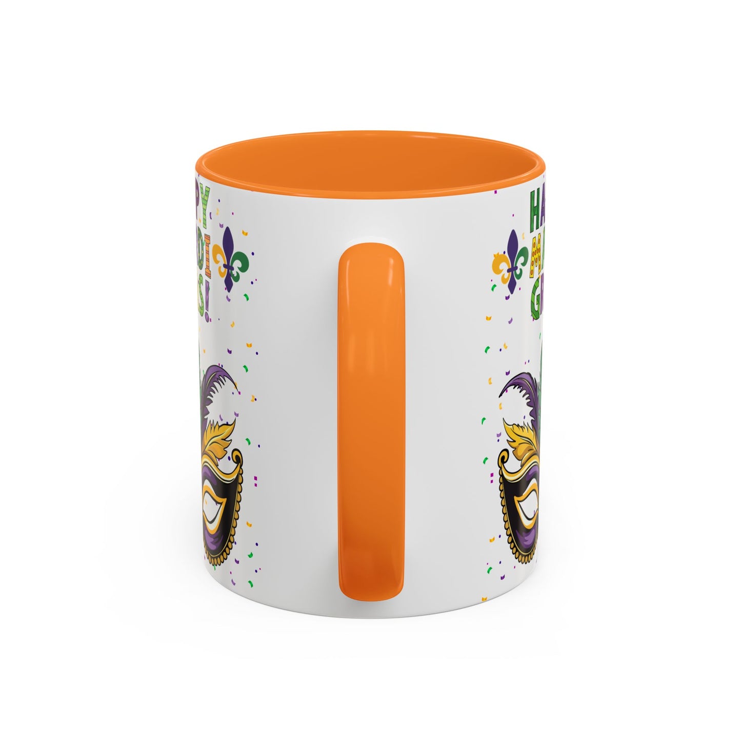 "Happy Mardi Gras" Mugs — Colorful 11oz/15oz Carnival Mask-Fleur De Lis Design White Ceramic Mugs
