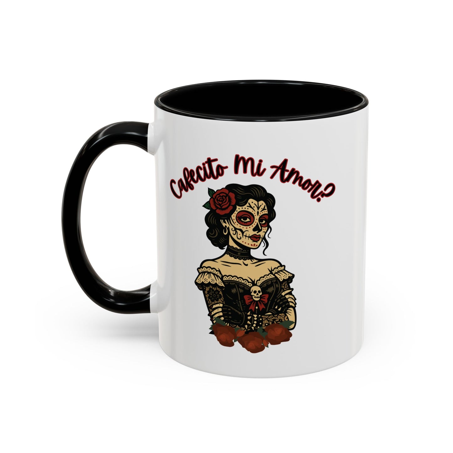 "Cafecito Mi Amor?" Sugar Skull Style , Colorful Accent, 11oz and 15oz Coffee Mug.  A great Day of the Dead  or Halloween Gift!