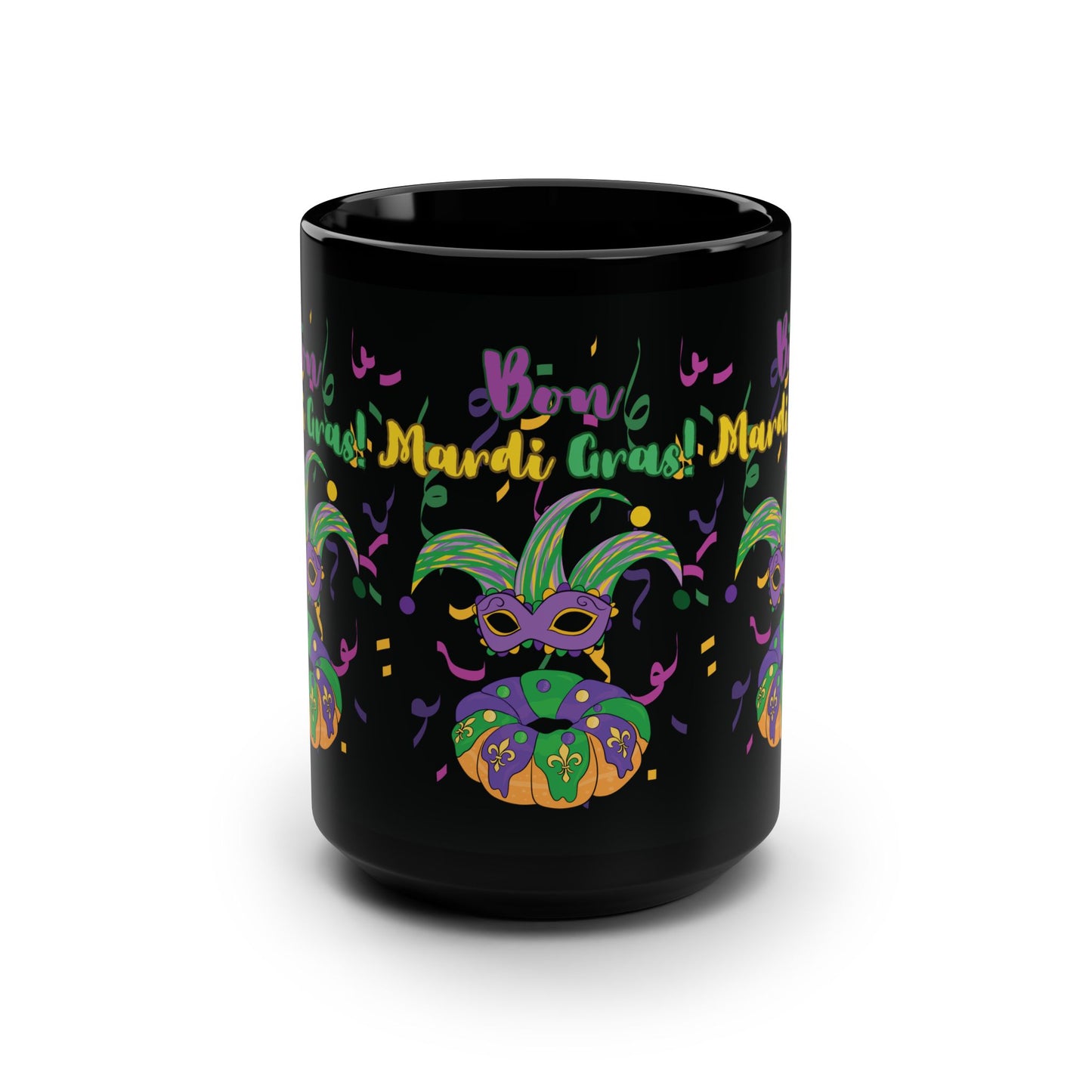 "Bon Mardi Gras" 15oz  Black Ceramic Mug, Featuring A Festive Carnival Mask & King Cake!