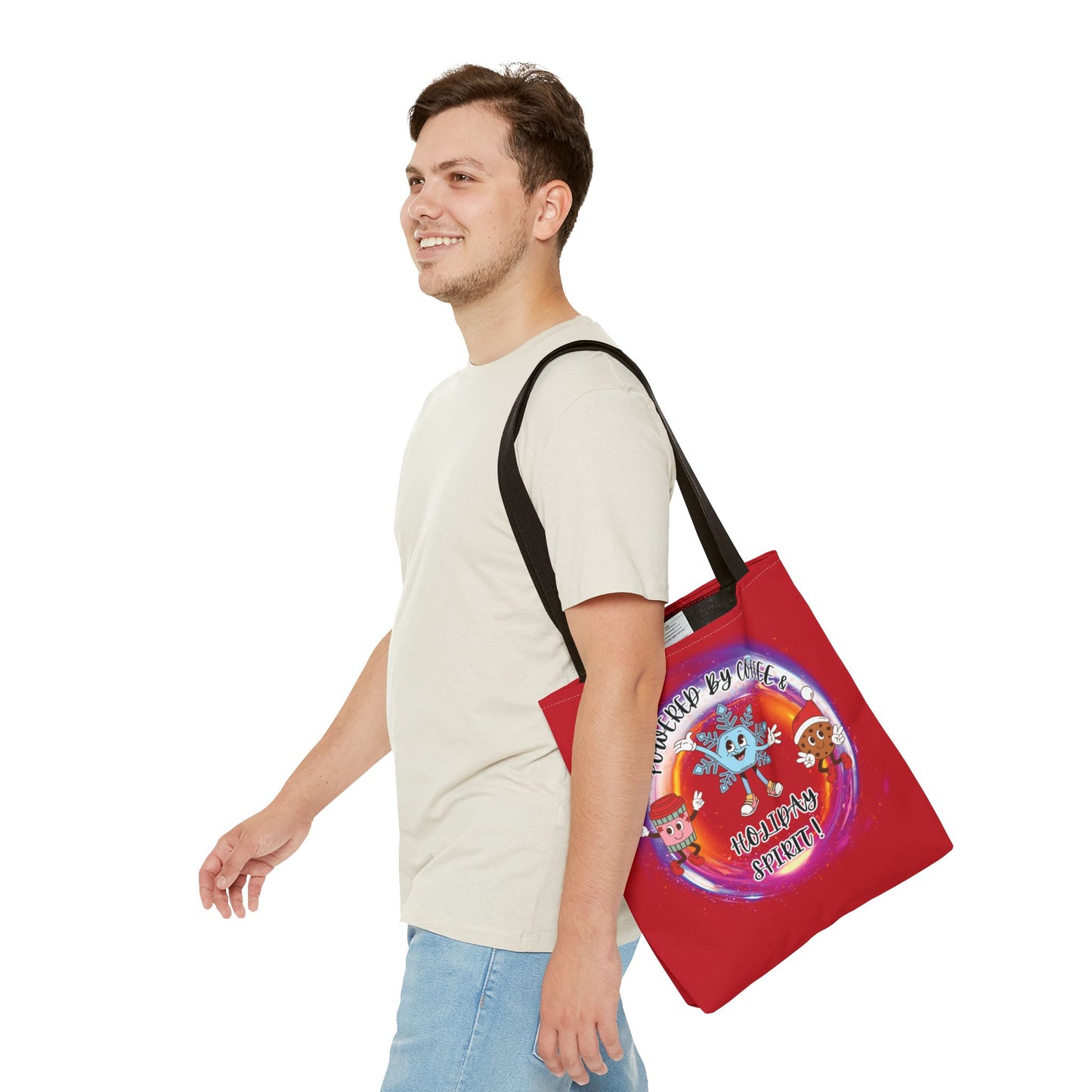 "Powered By Coffee And Holiday Spirit "  Red Tote Bag  with Colored Straps