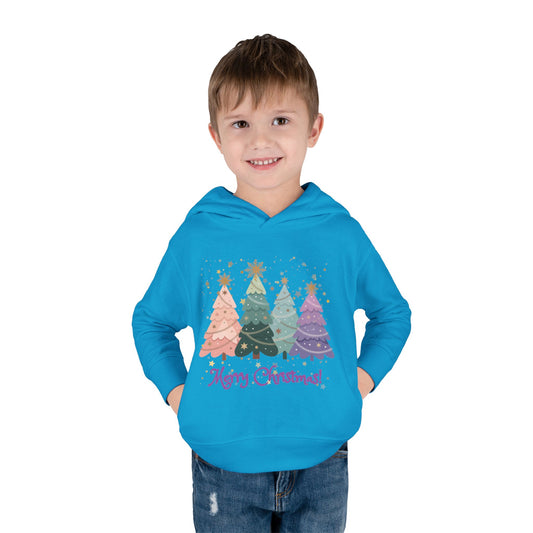 "Merry Xmas" Toddler Hoodie — Pastel Paper-Cut Christmas Trees with Gold Stars