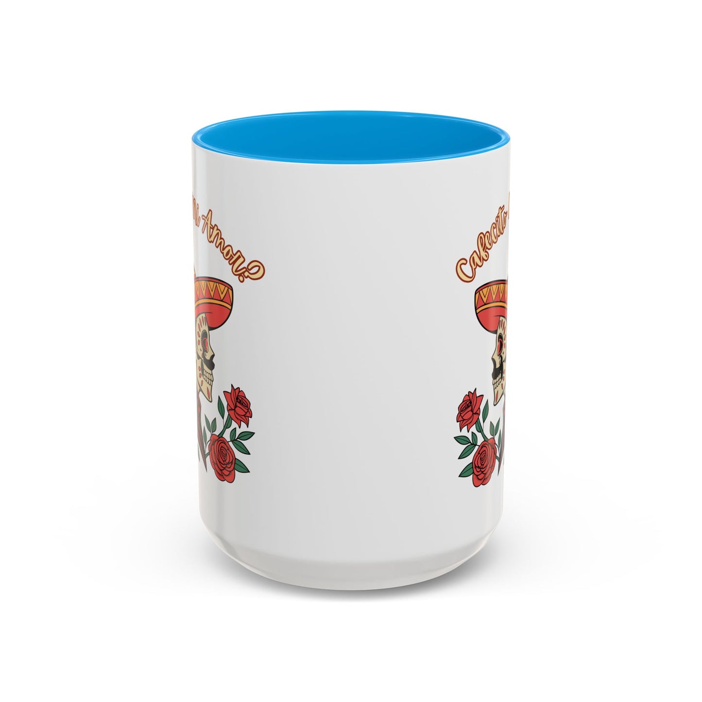"Cafecito Mi Amor?" -El Hombre, Sugar Skull Style, White Ceramic Mugs with Colorful Accents (11oz/15oz)