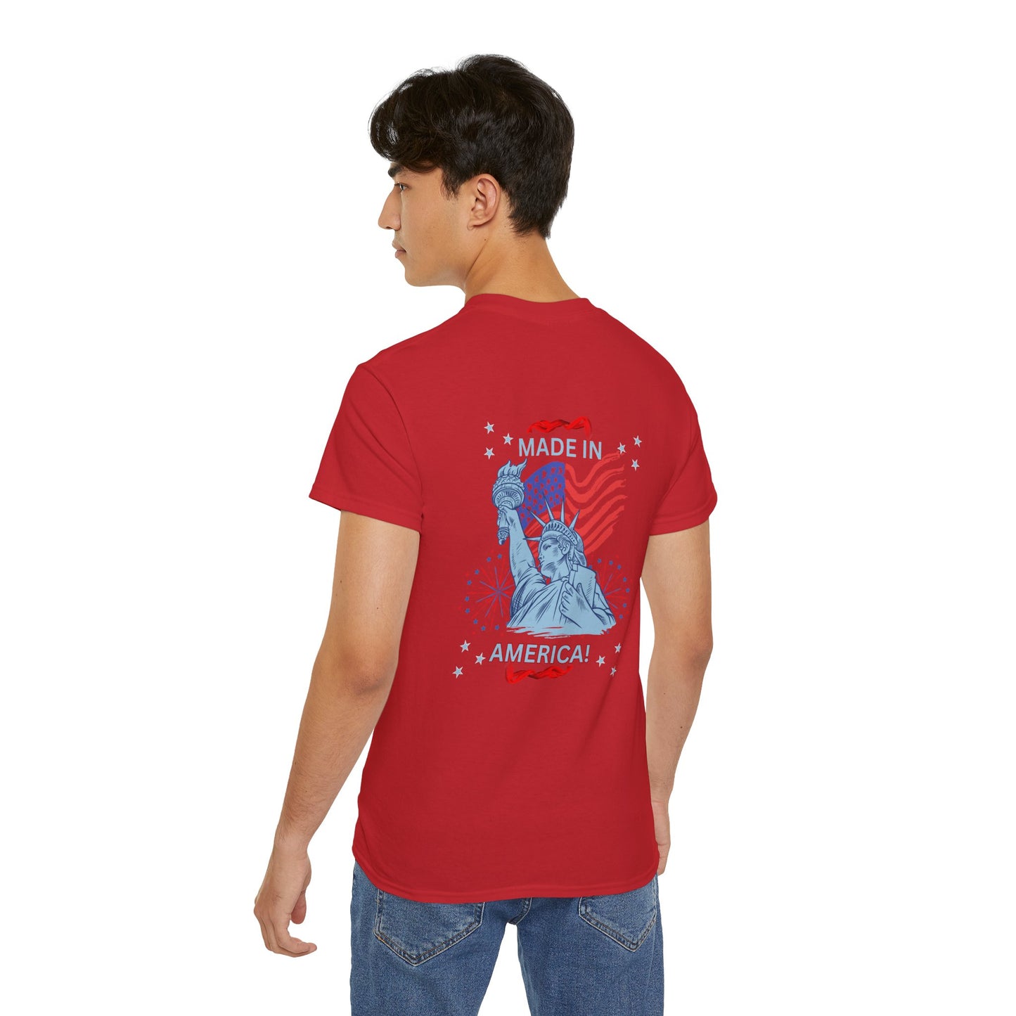 Statue of Liberty Patriotic T-Shirt — "Made In America -Happy Anniversary 1776-2026"  Front & Back Design